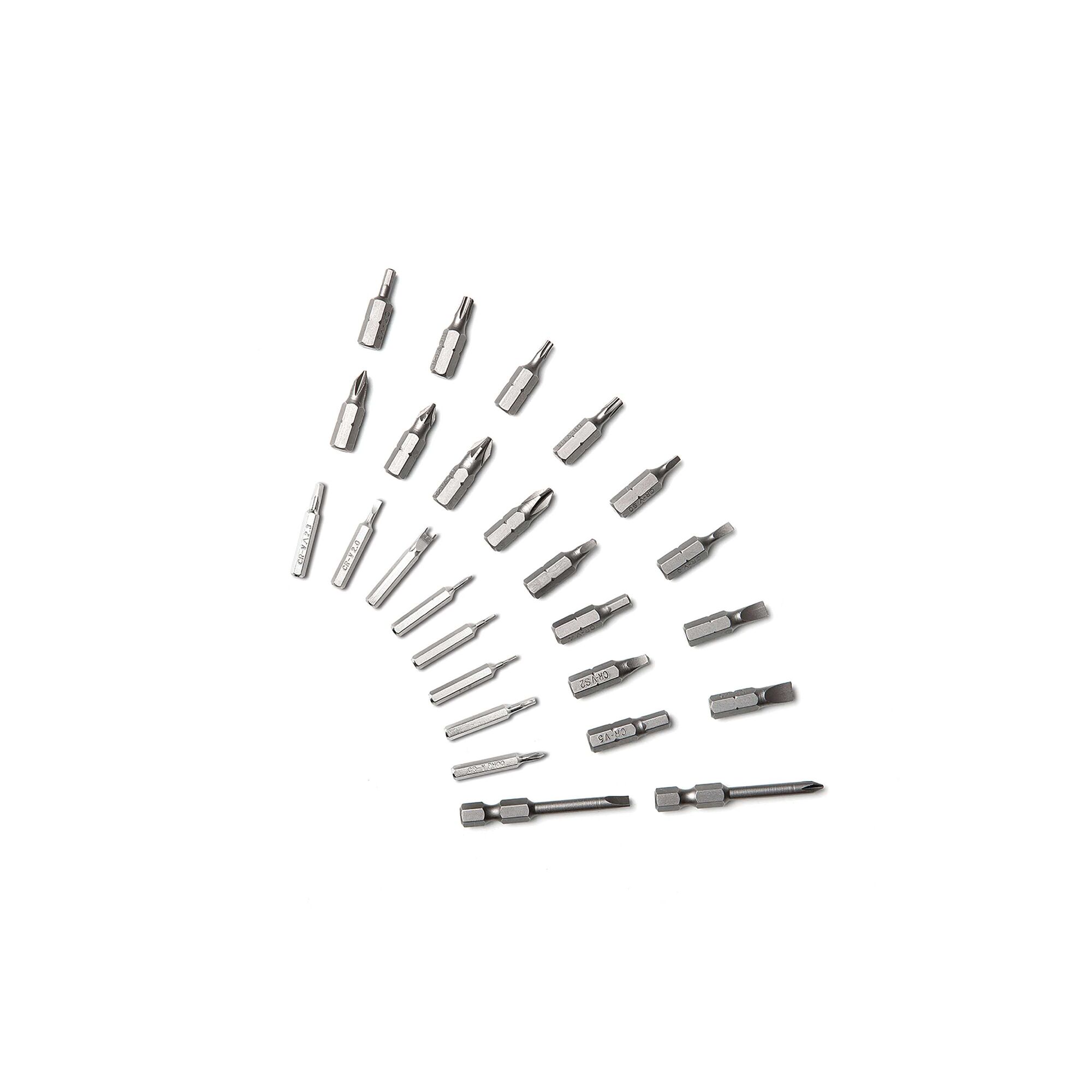 BLACKDECKER BD40K27 silver screwdriver bit set photography, top view, bits arranged in arc on white background.