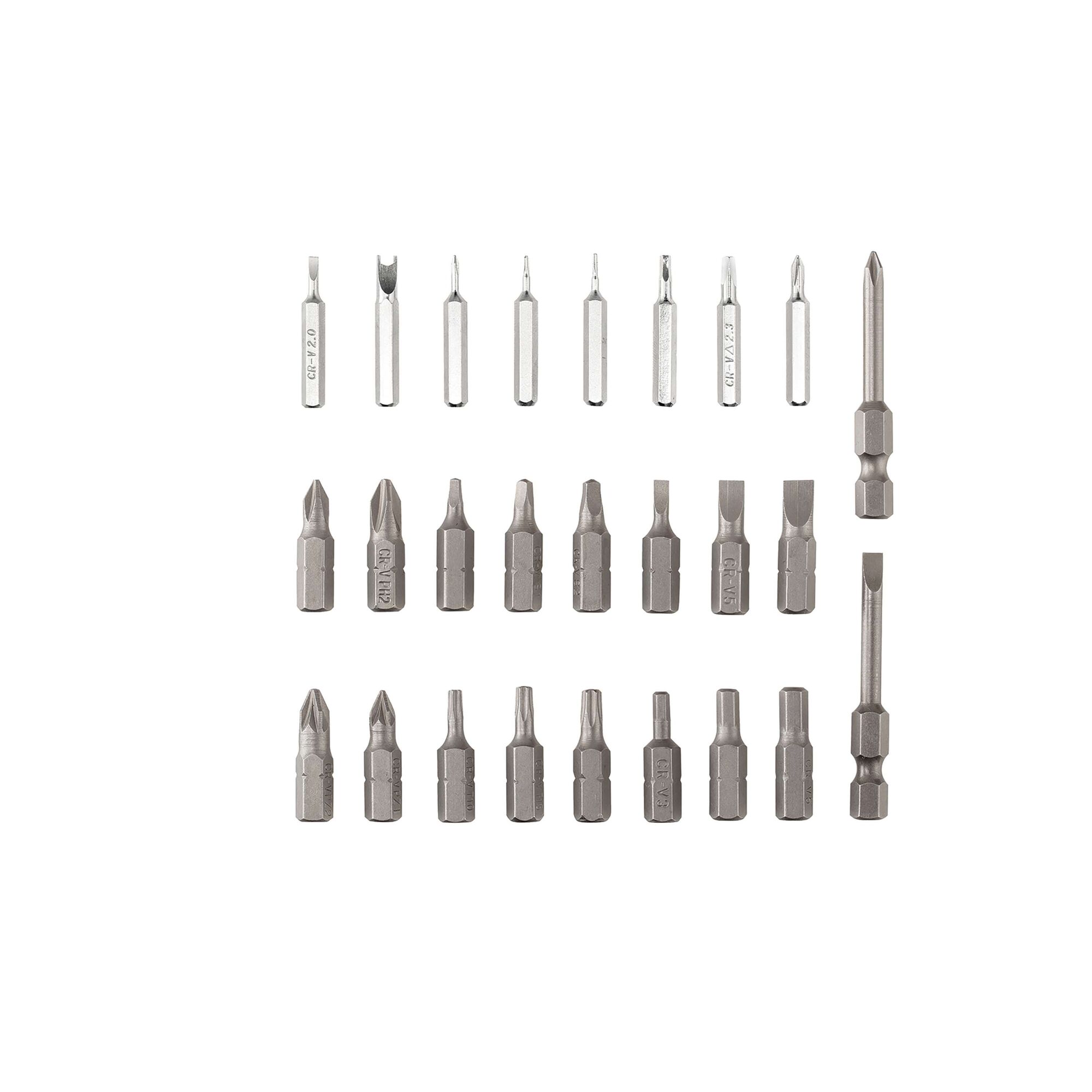 BLACKDECKER BD40K27 screwdriver bits set, silver color, flat lay on white background.