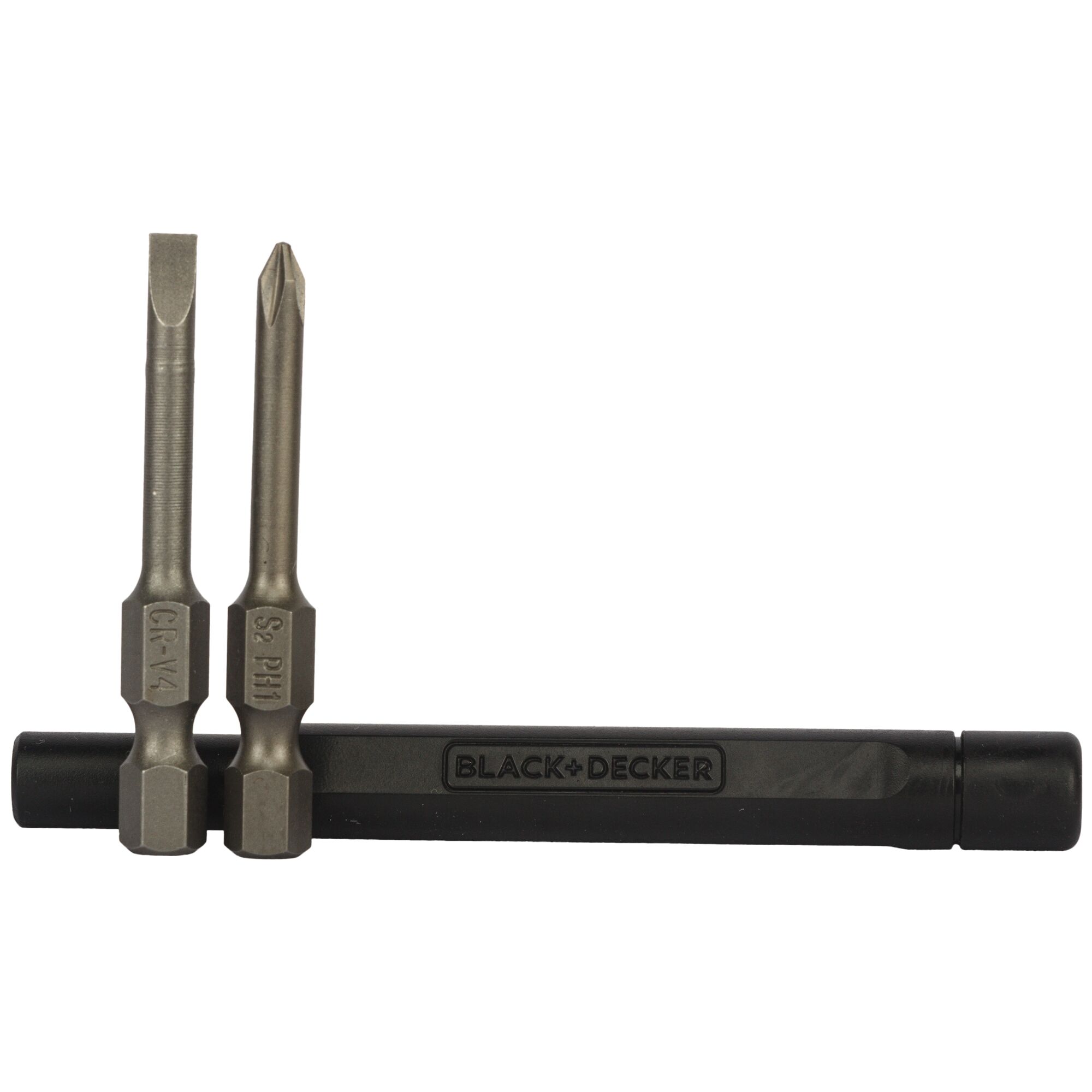 BLACK+DECKER BD40K27 screwdriver bits and holder, front view on white background.