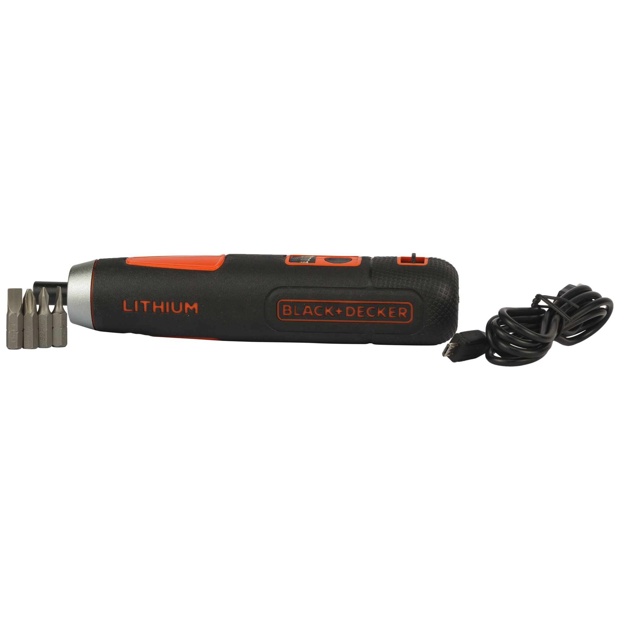 BLACKDECKER BD40K4 cordless screwdriver with USB charging cable and four bits, side angle, black and orange.