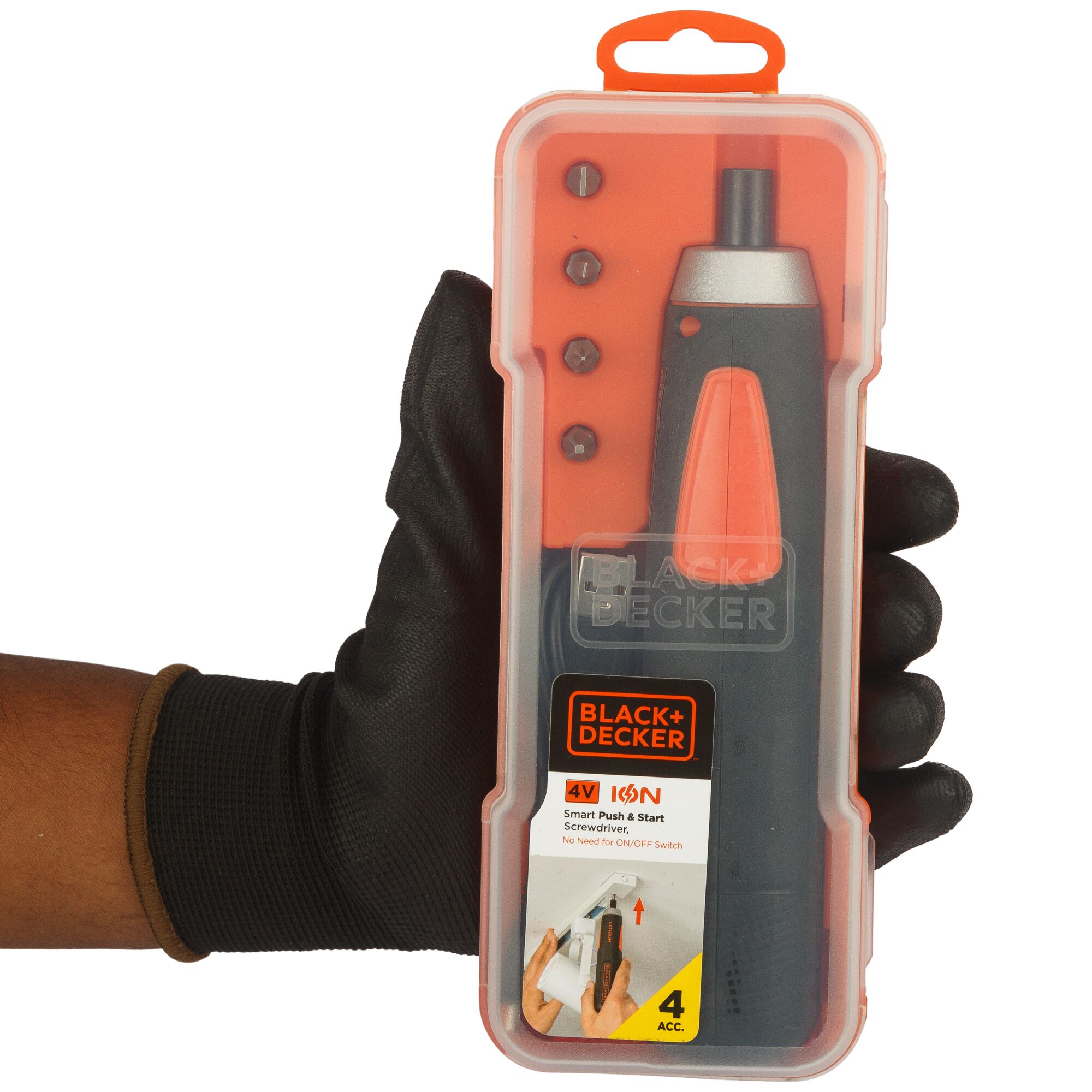 BLACK+DECKER BD40K4 4V smart push-and-start screwdriver kit in plastic case, held in gloved hand.