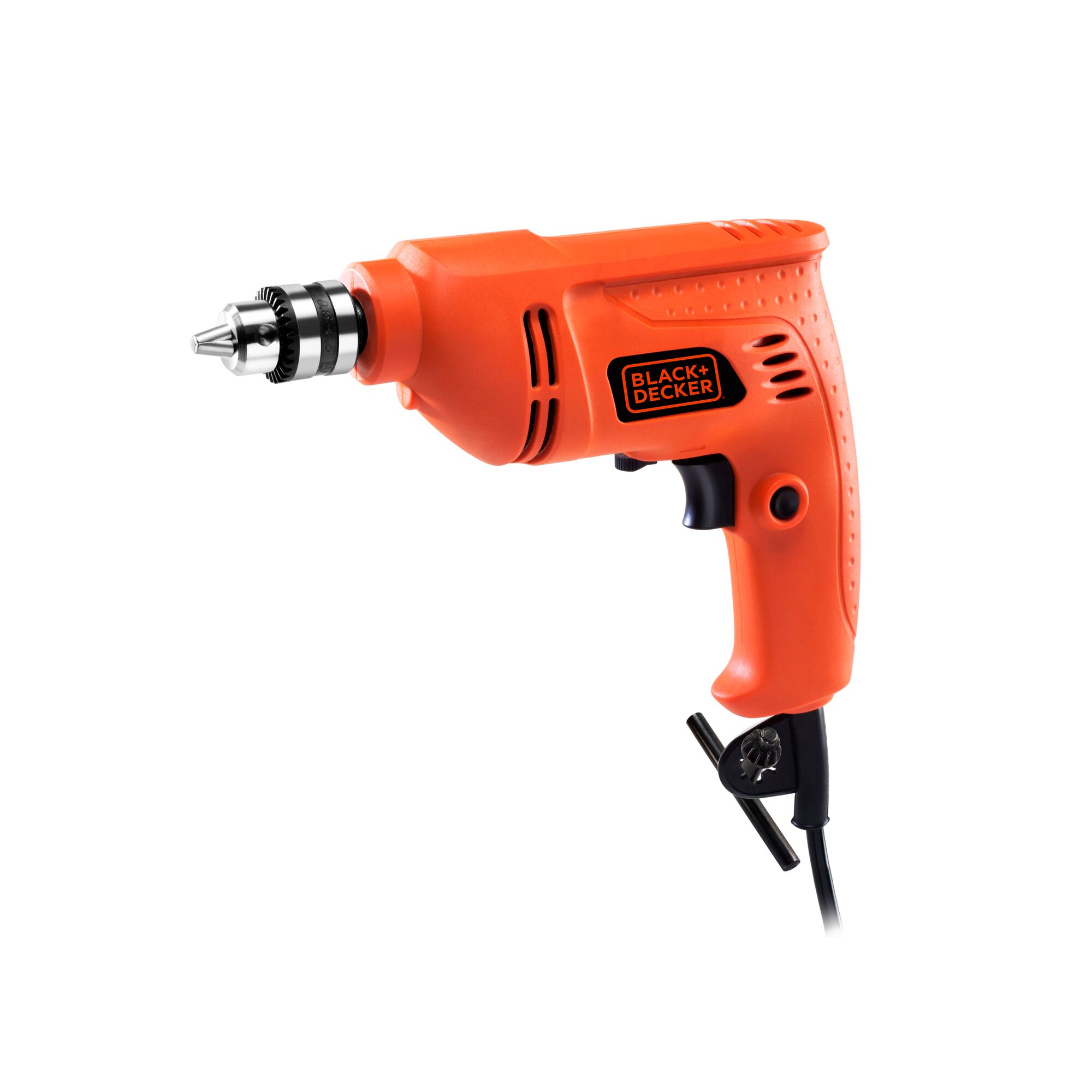 BLACKDECKER BD65RD orange corded drill front side on white background.