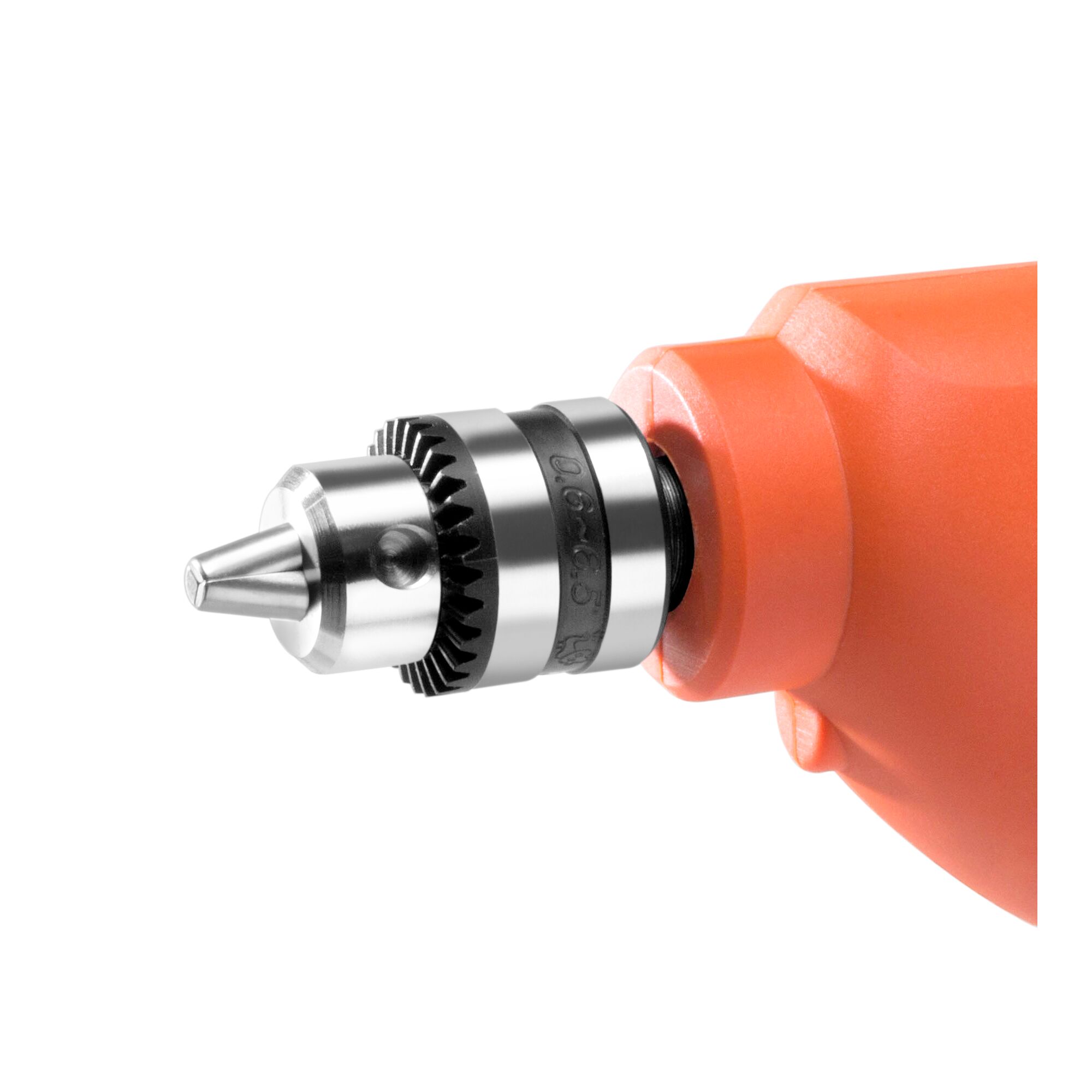 BLACKDECKER BD65RD orange drill close-up, showing metal chuck detail on white background.