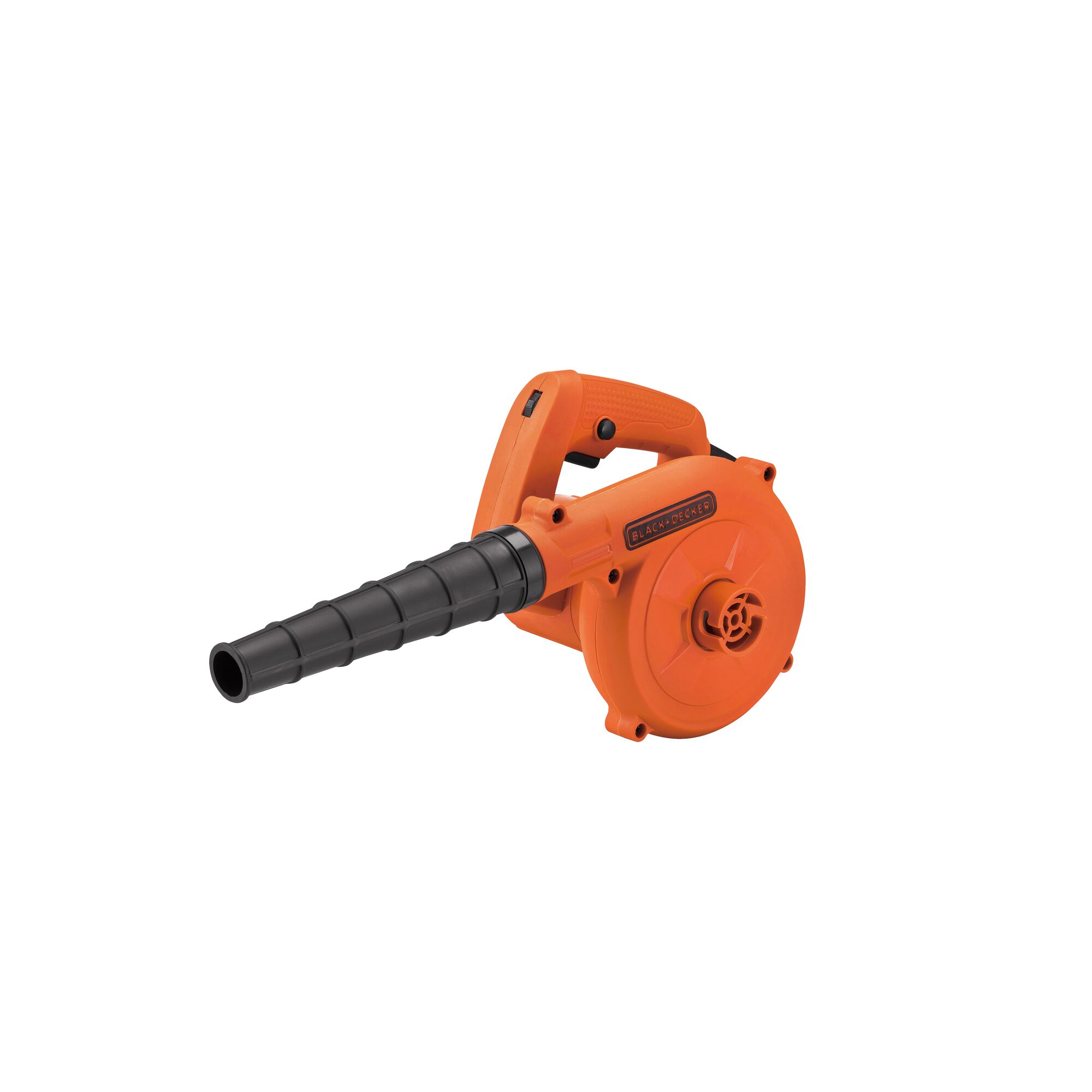 BLACKDECKER BDB600 orange handheld blower, side angle, black nozzle, photography on white background.