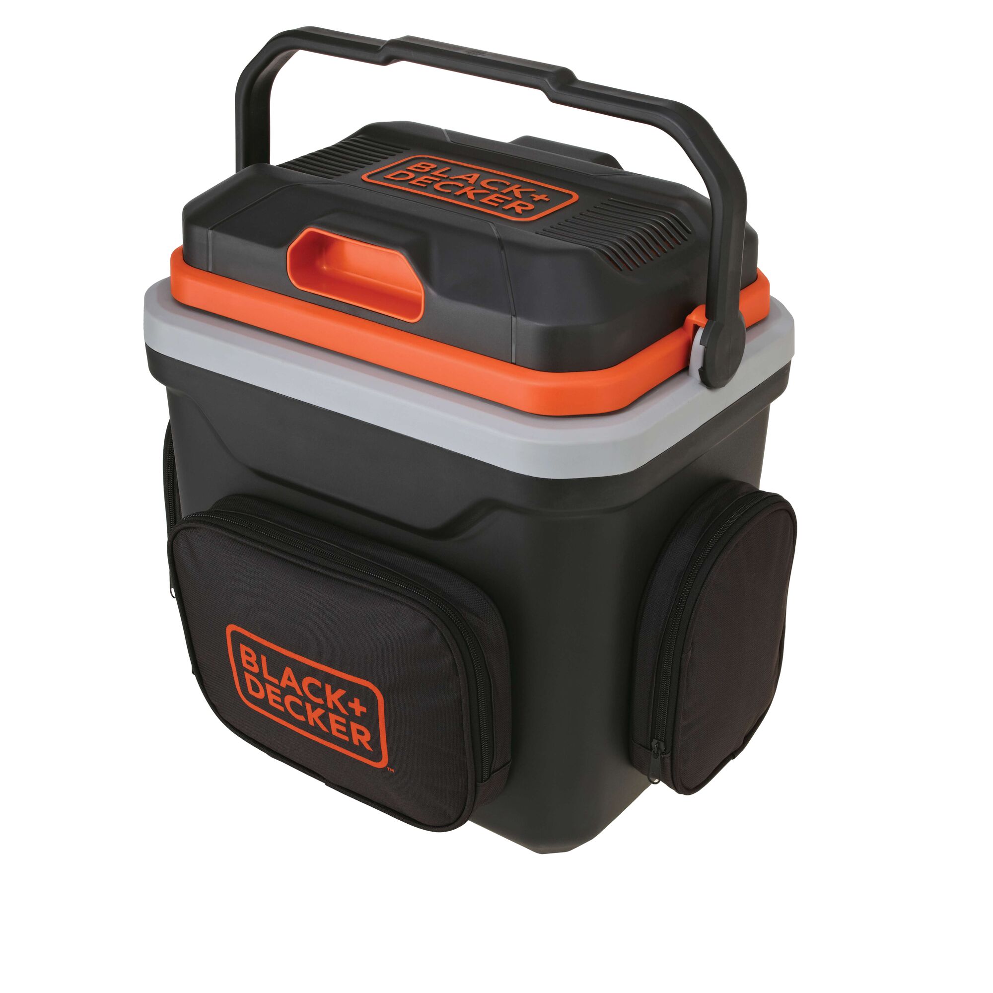 BLACKDECKER BDC24L black and orange portable cooler with zippered side pockets, front angle.