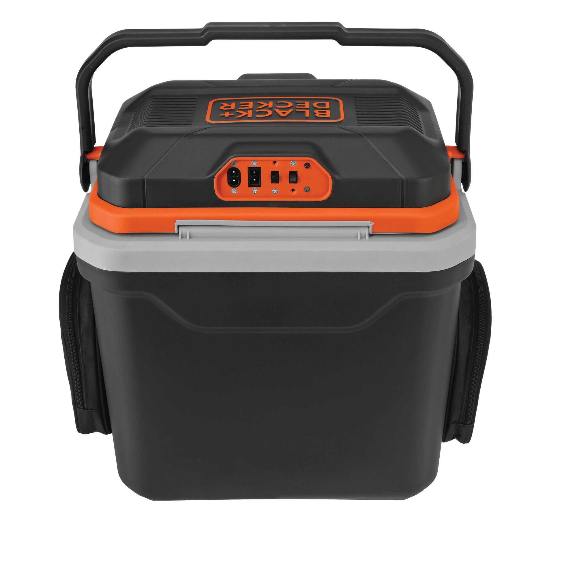 BLACKDECKER BDC24L portable cooler with handle, black and orange, front view, photography product.