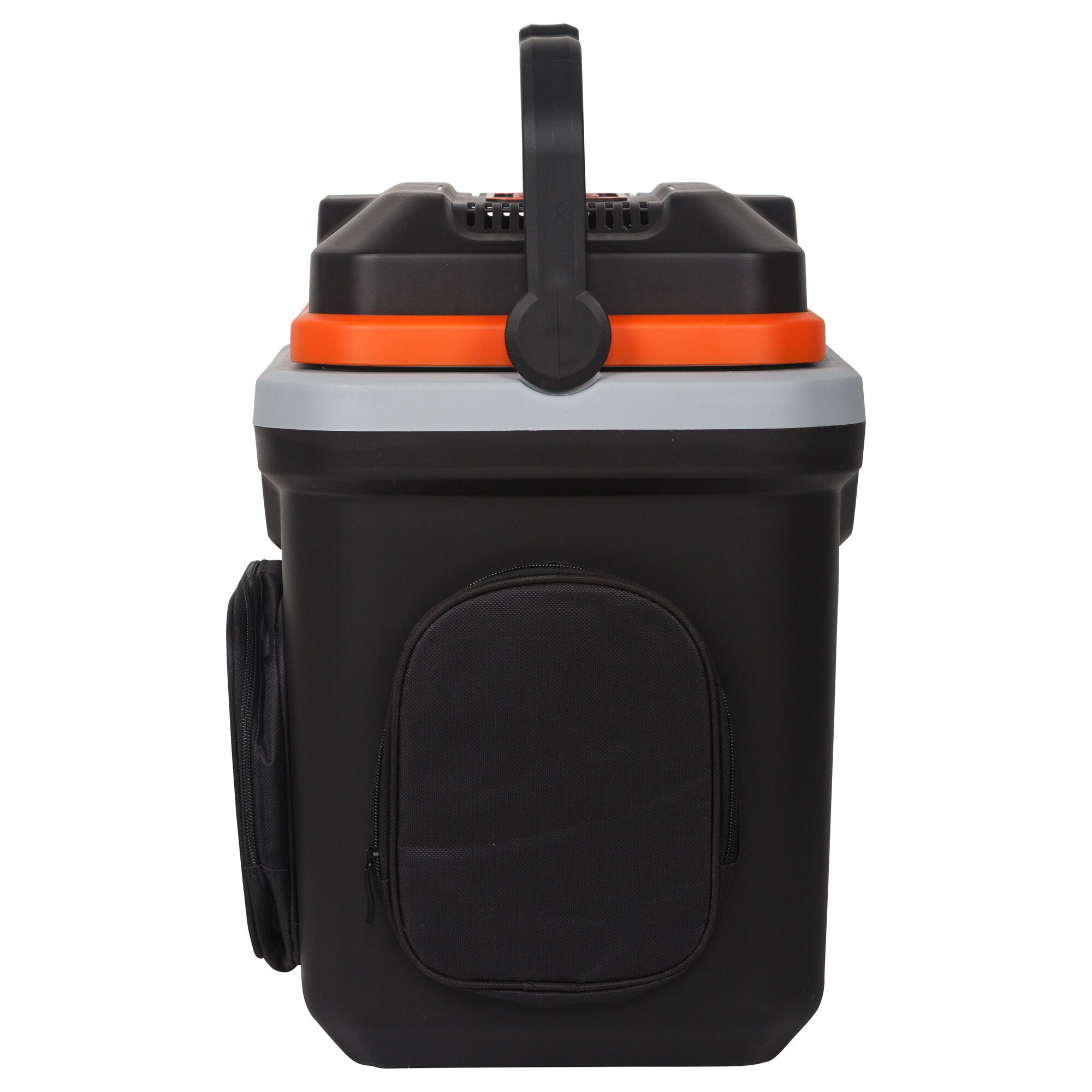 BLACKDECKER BDC24L black portable vacuum with orange accent and handle, front angle, photography.