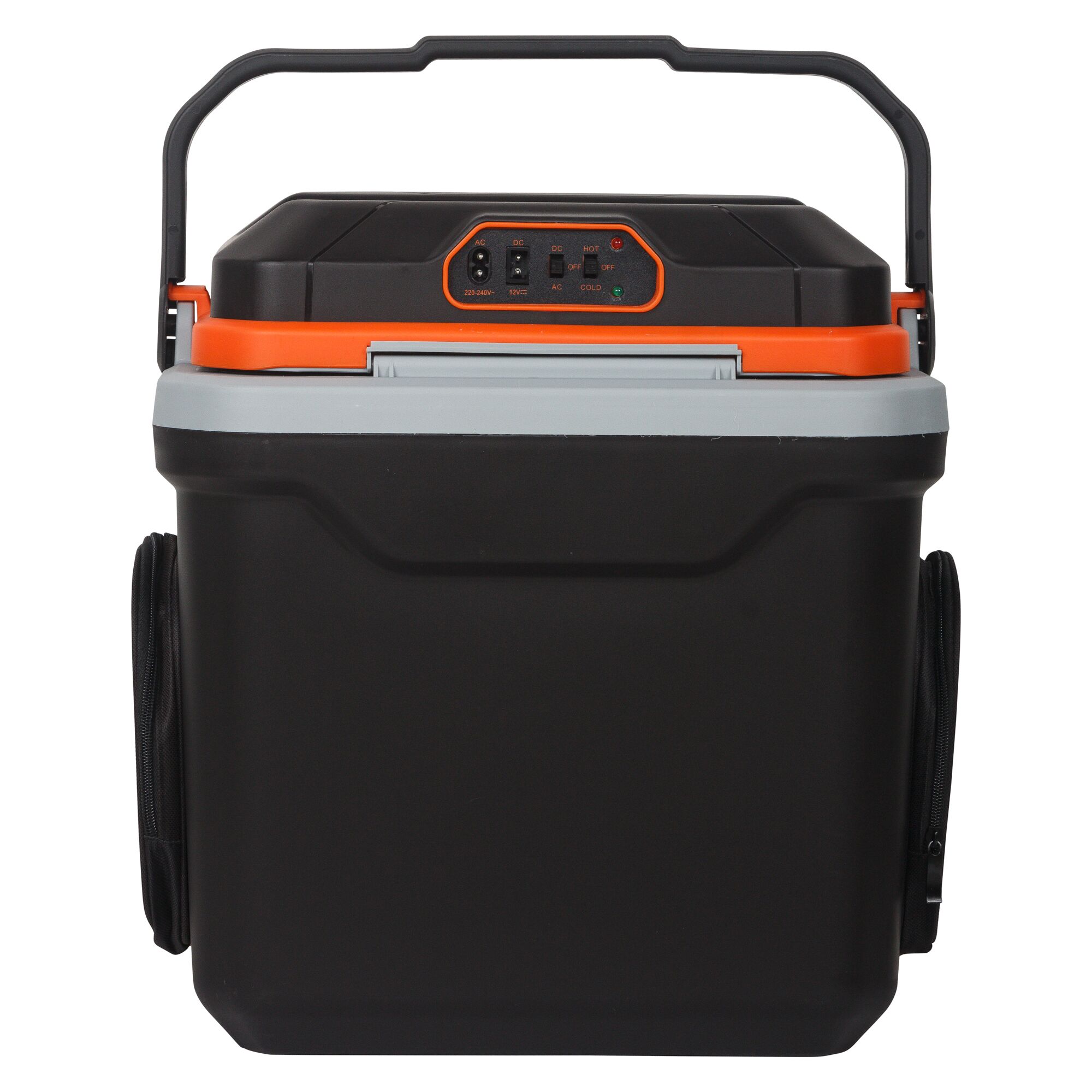 BLACKDECKER BDC24L portable cooler, black and orange, front angle, with digital controls.
