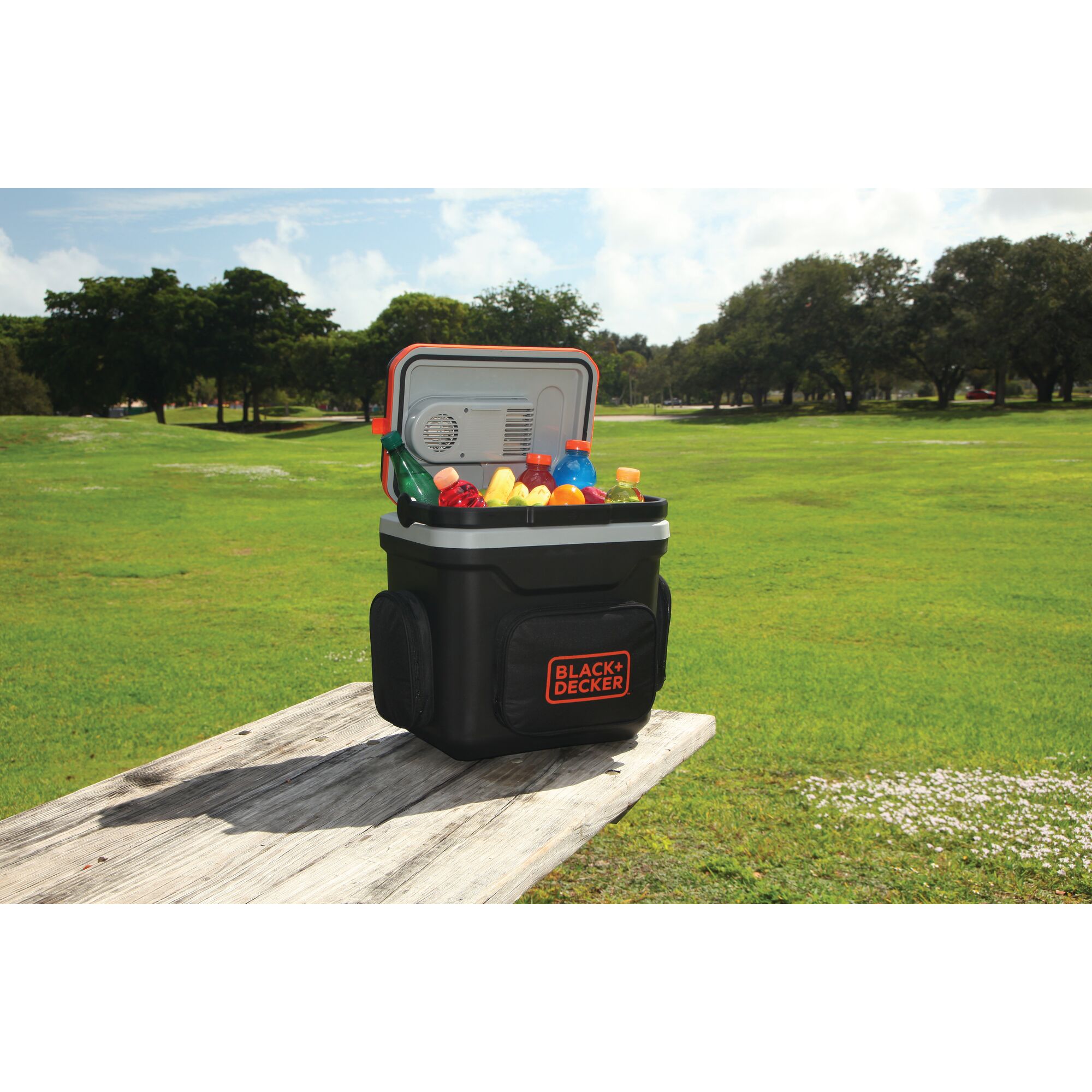 BLACKDECKER BDC24L portable cooler with assorted drinks on a picnic table in a park.