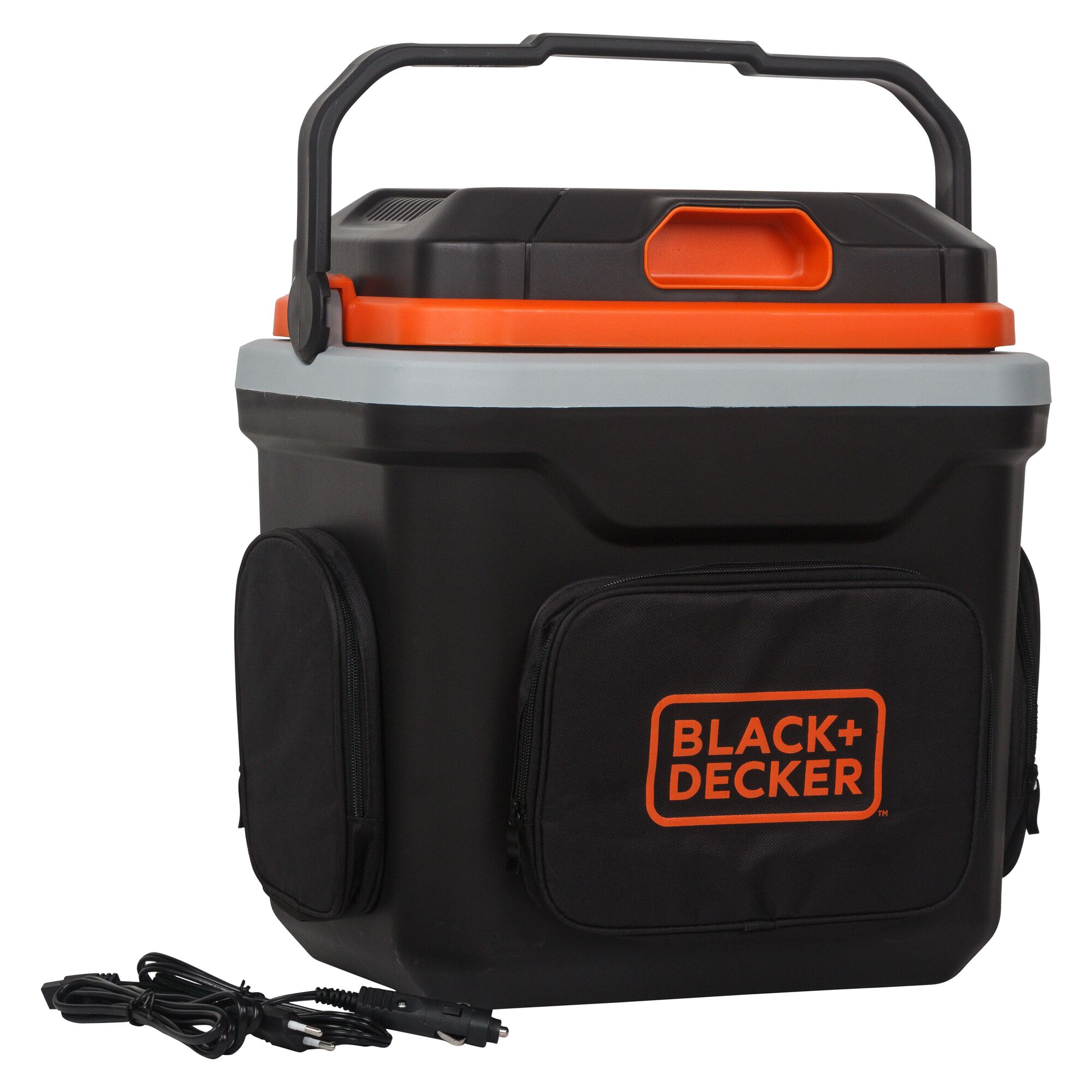 BLACK+DECKER BDC24L portable black and orange cooler box with handle, side pockets, and power cords, front angle.
