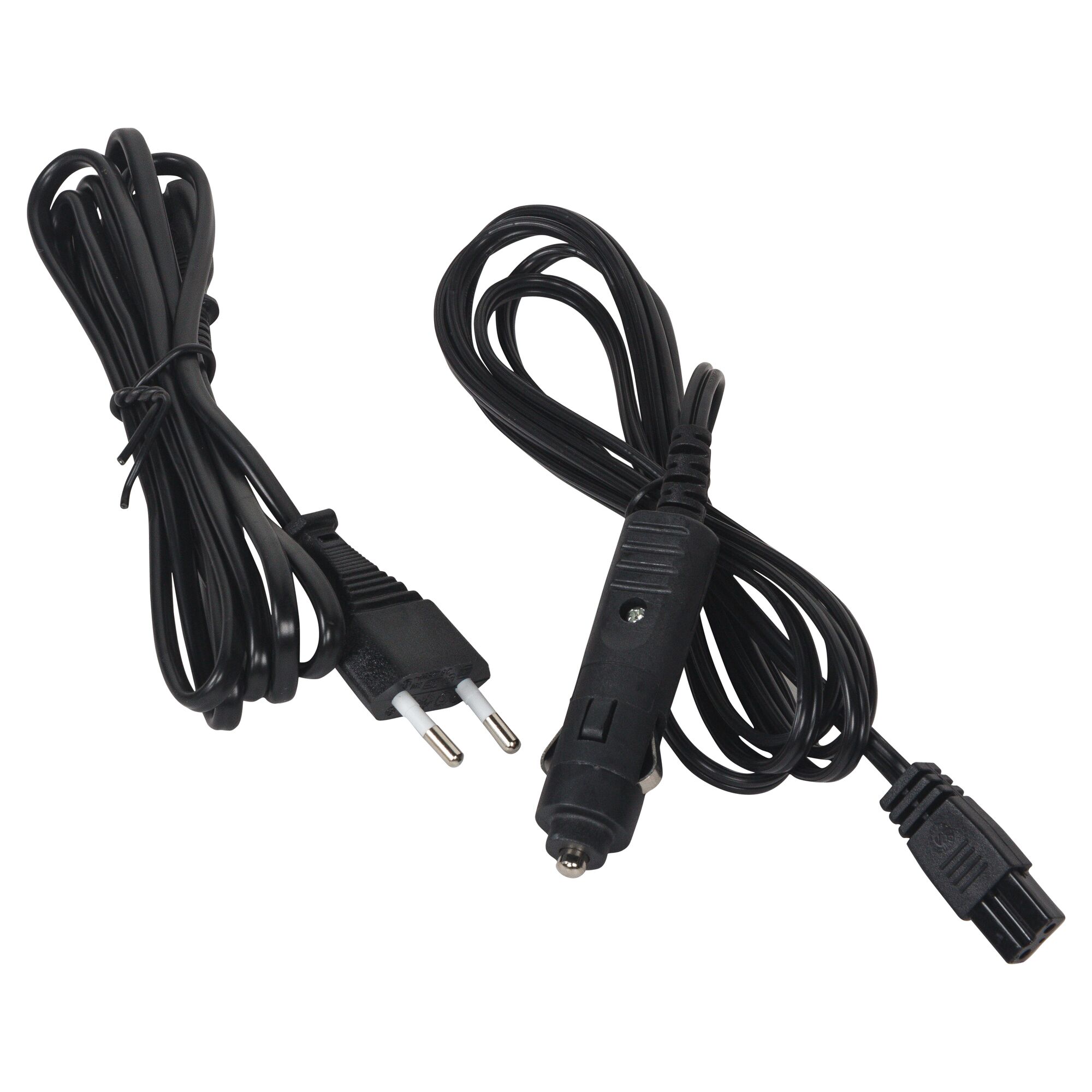 BLACKDECKER BDC24L photography black power cables with plug and car adapter, top view on white background.