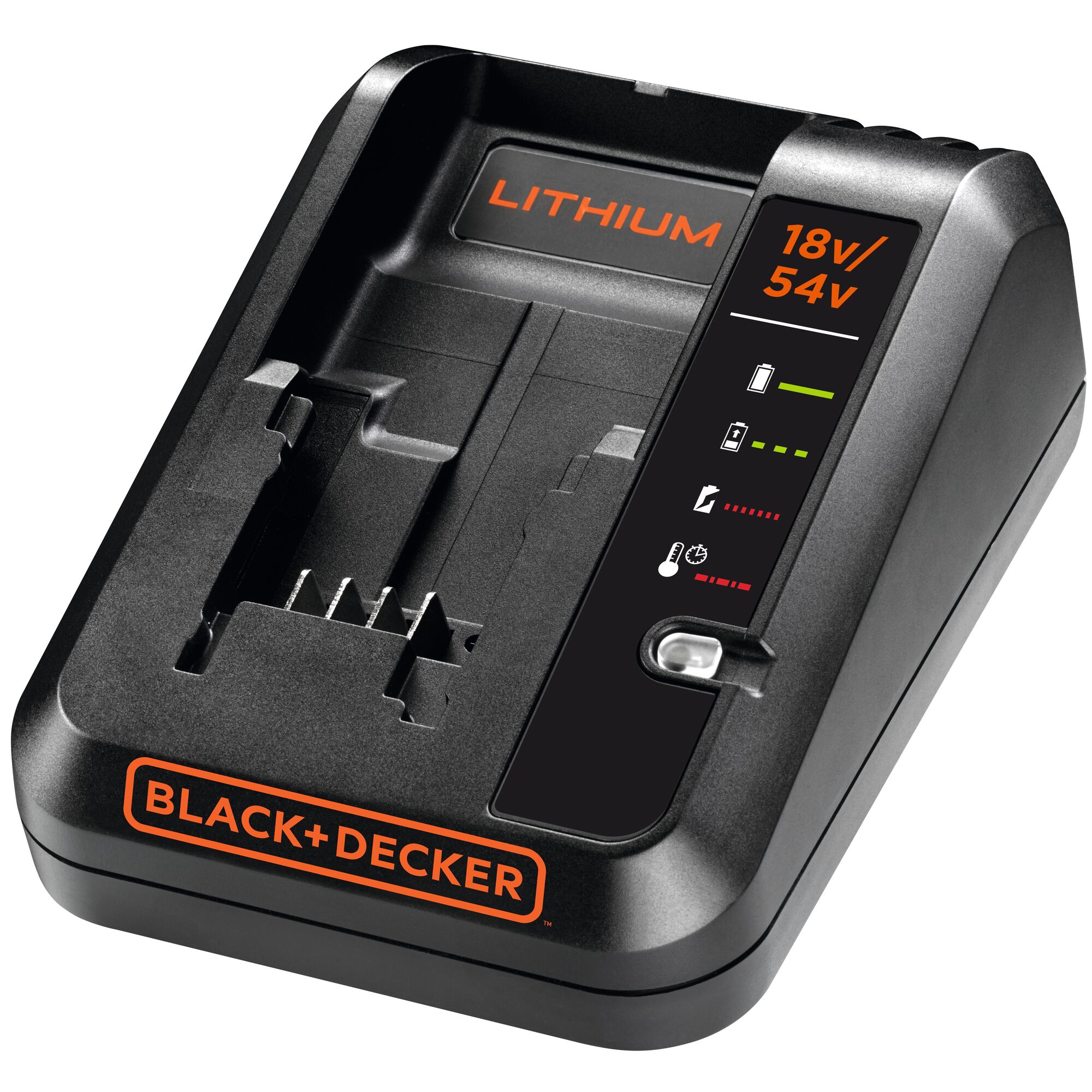 BLACK+DECKER BDC2A lithium battery charger for 18V/54V, black, front angle, LED indicators visible