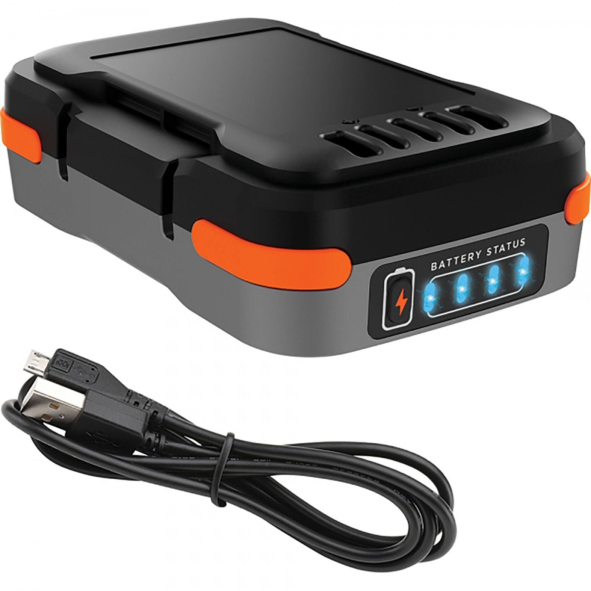 BLACKDECKER BDCB12U portable battery pack with status lights and USB charging cable, front angle.
