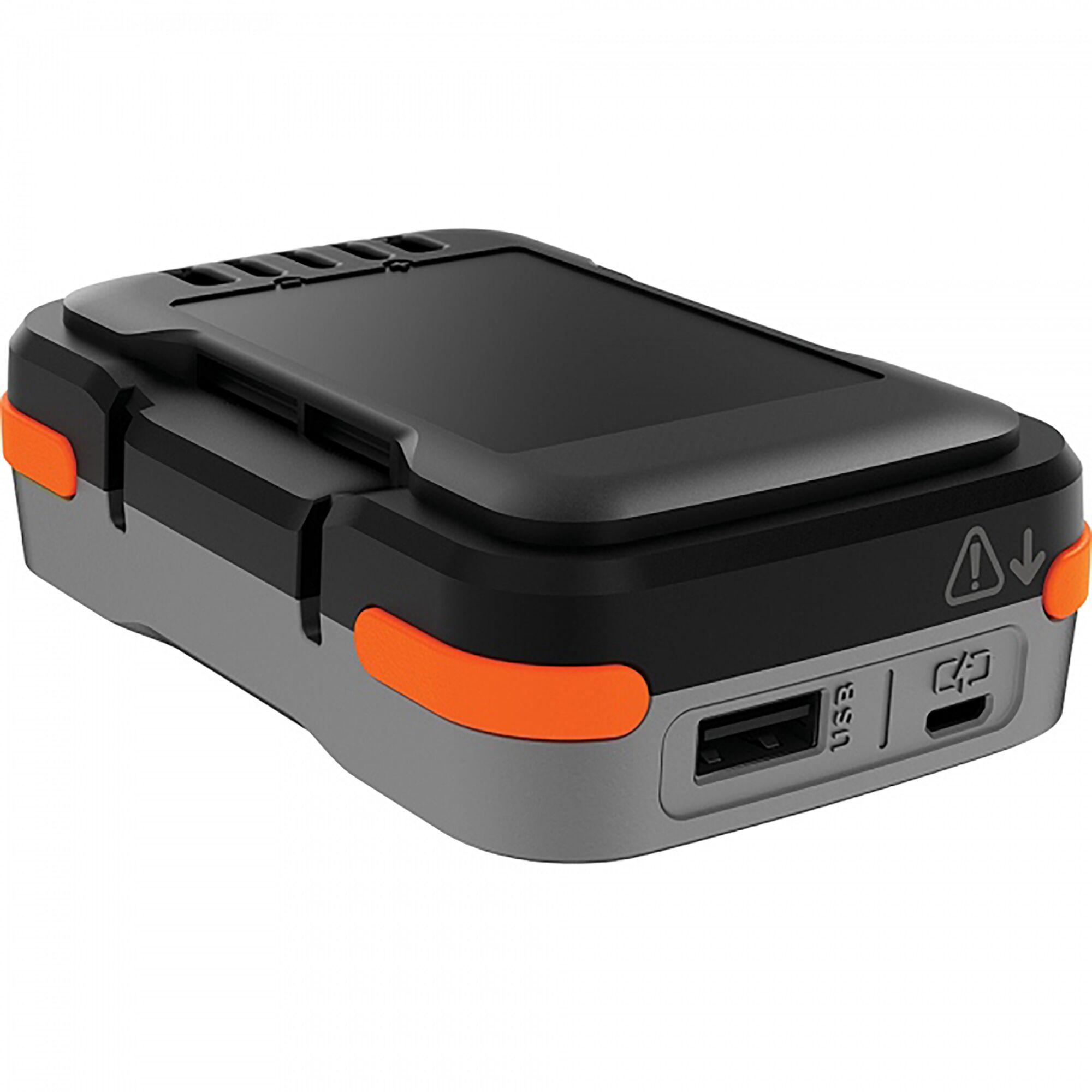 BLACKDECKER BDCB12U portable battery pack with USB ports, angled view on white background.