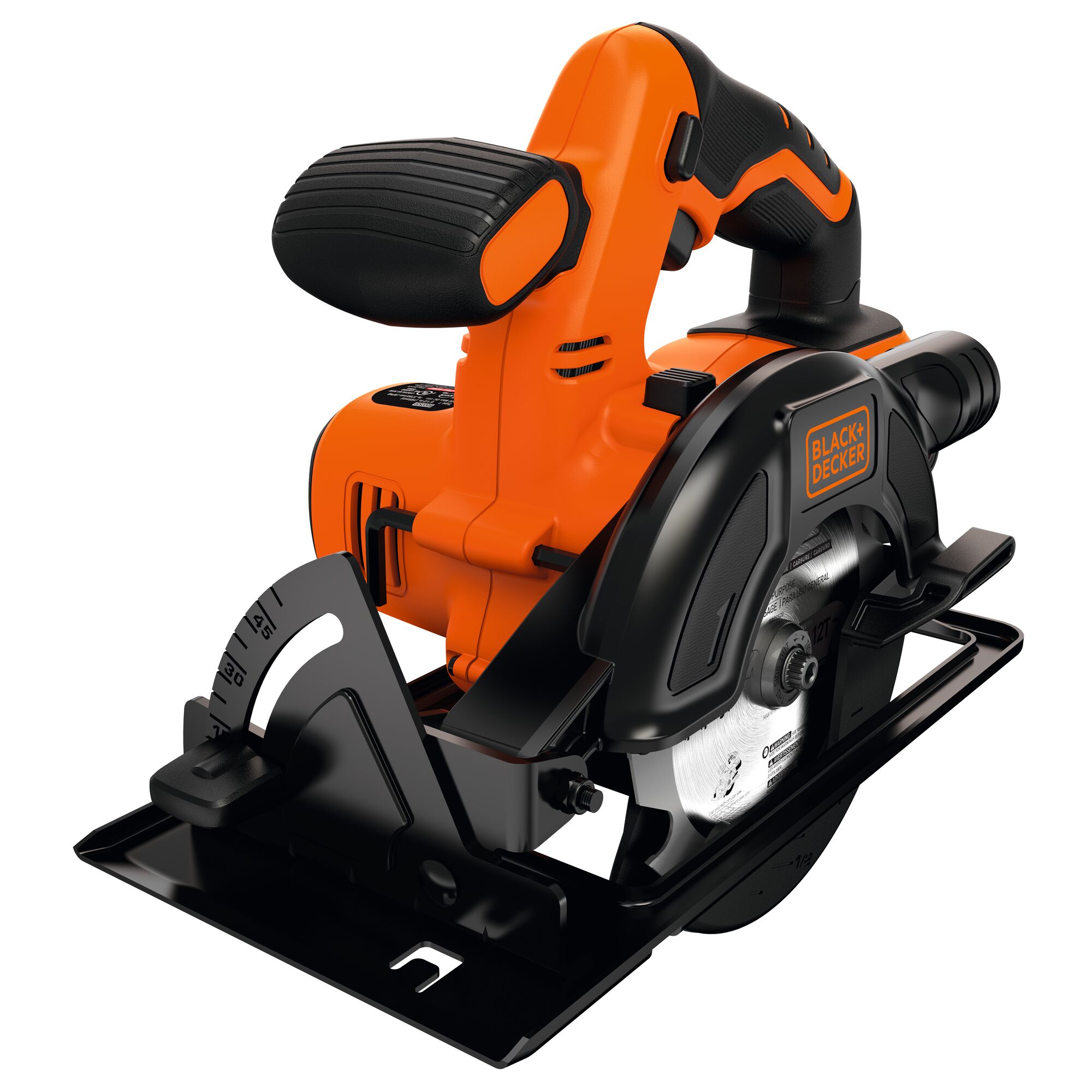 BLACK+DECKER BDCCS18 cordless circular saw, orange and black, side angle on white background.
