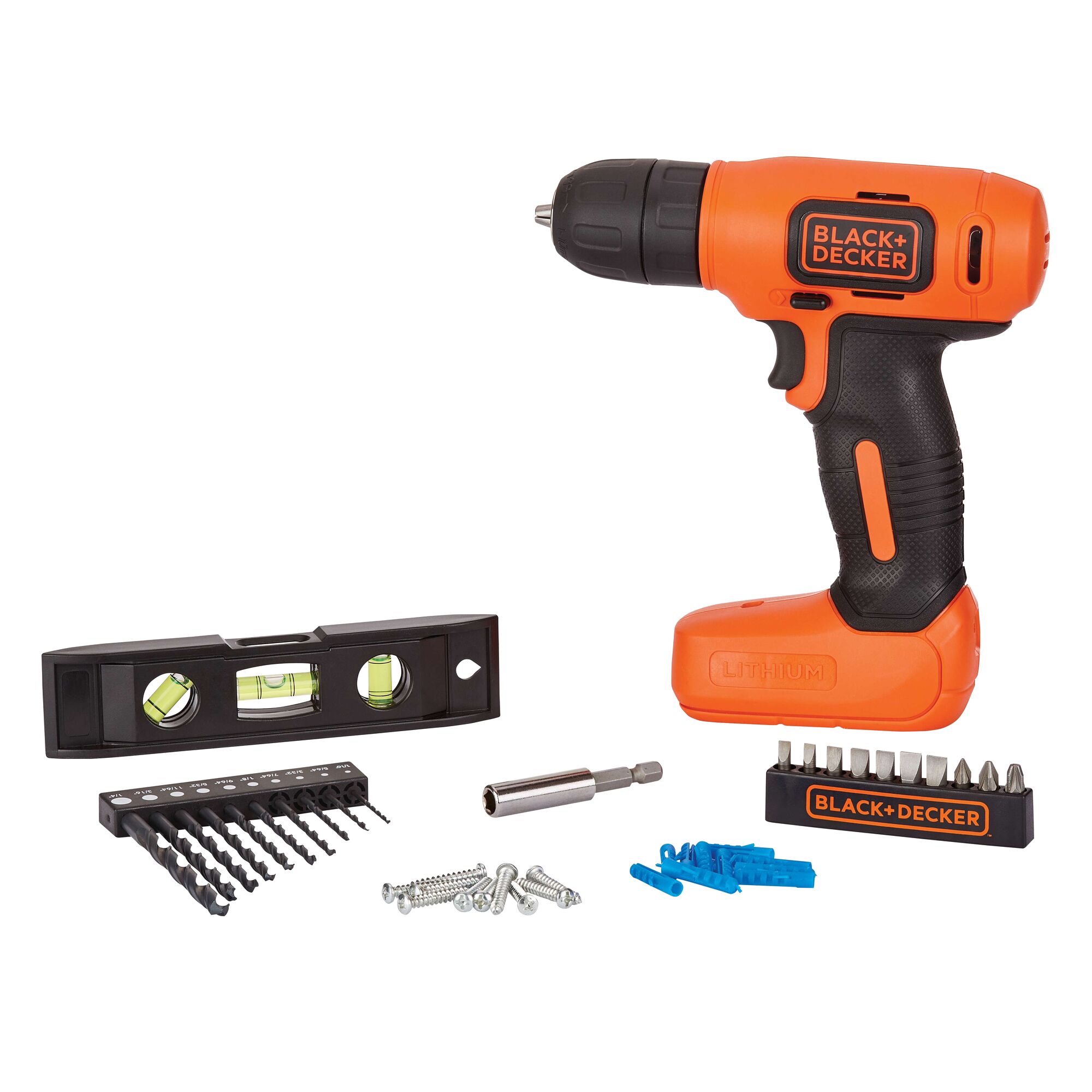 BLACKDECKER BDCD8HDPK orange cordless drill kit with drill bits, level, screws on white background, front angle