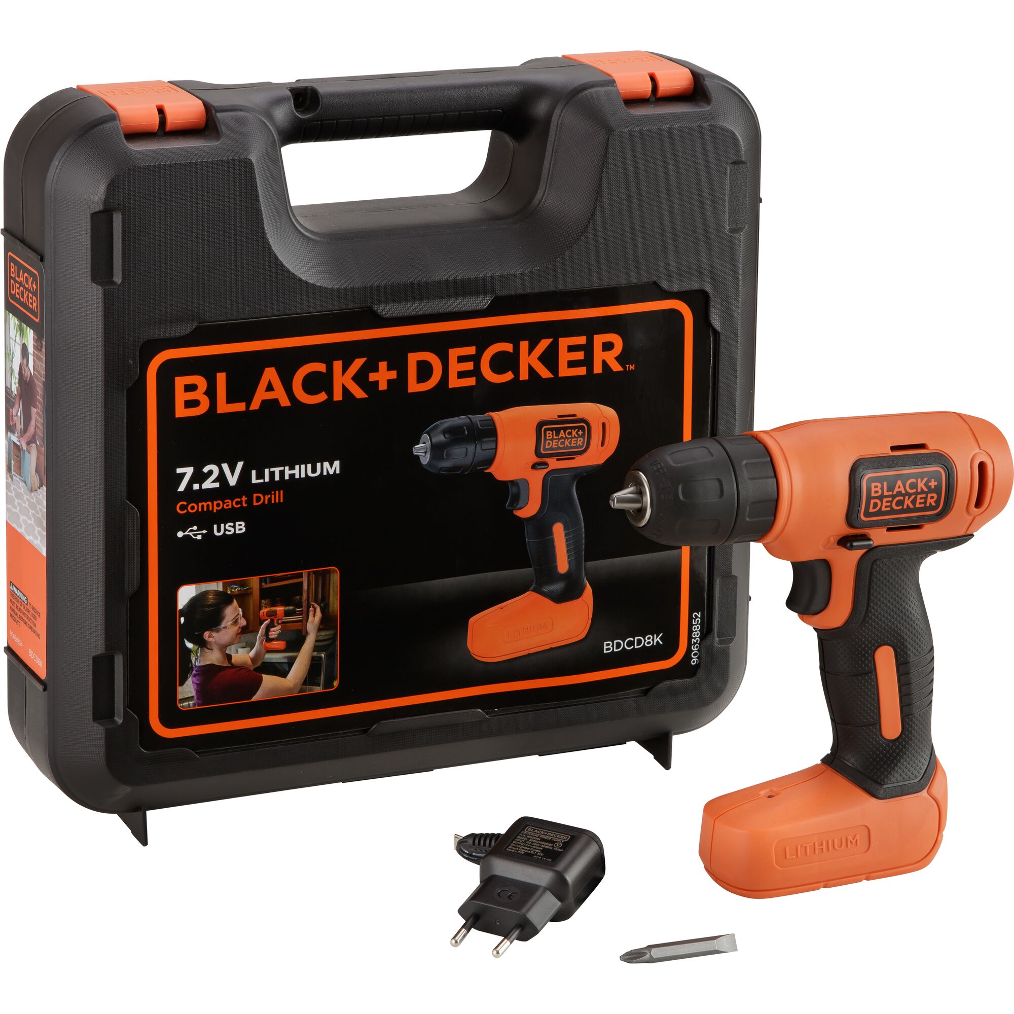 BLACK+DECKER BDCD8K compact orange and black 7.2V lithium drill with carrying case, USB charger, and bit, front angle.
