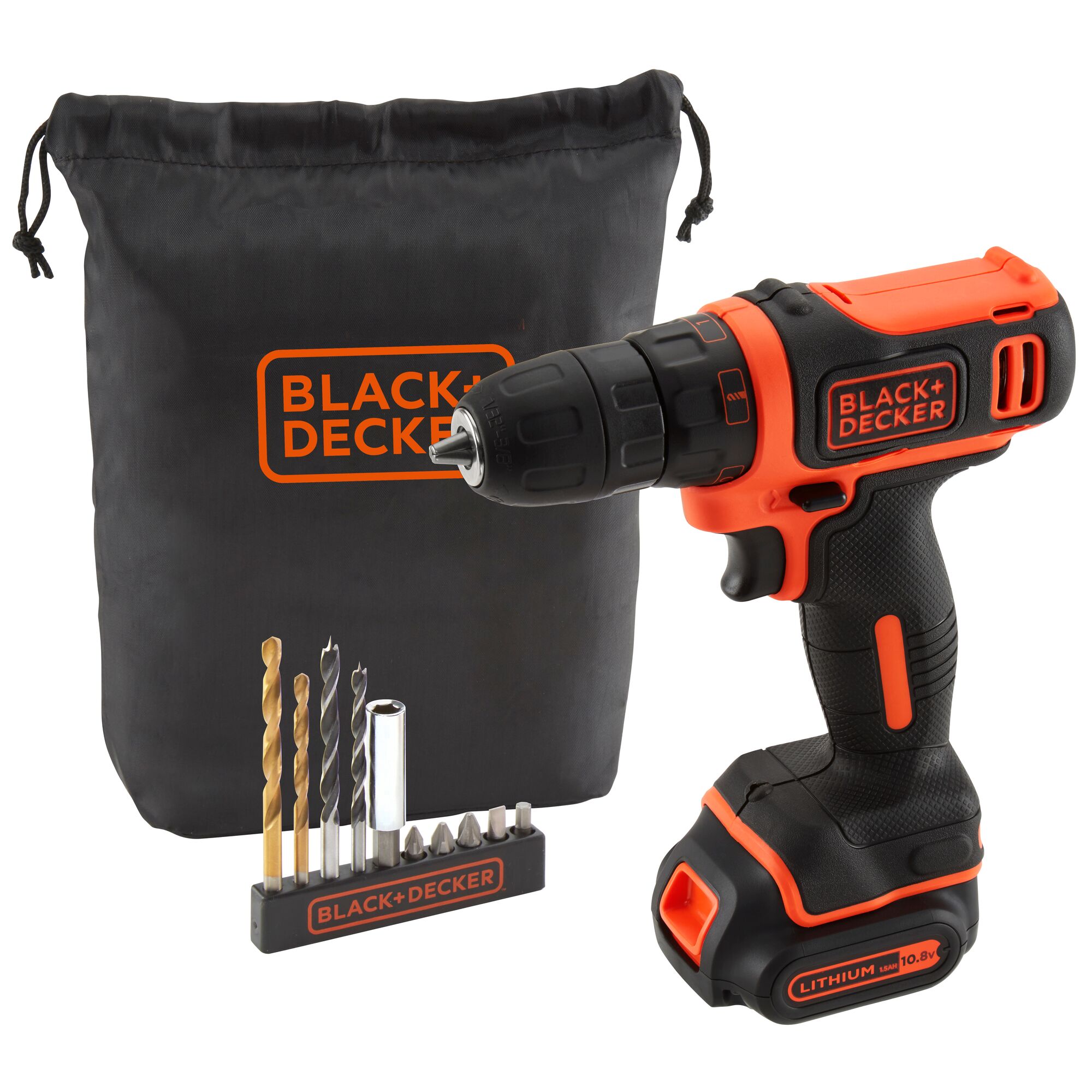 BLACKDECKER BDCDD12HS cordless drill set with drill bits, storage pouch, and black-orange design, front view.