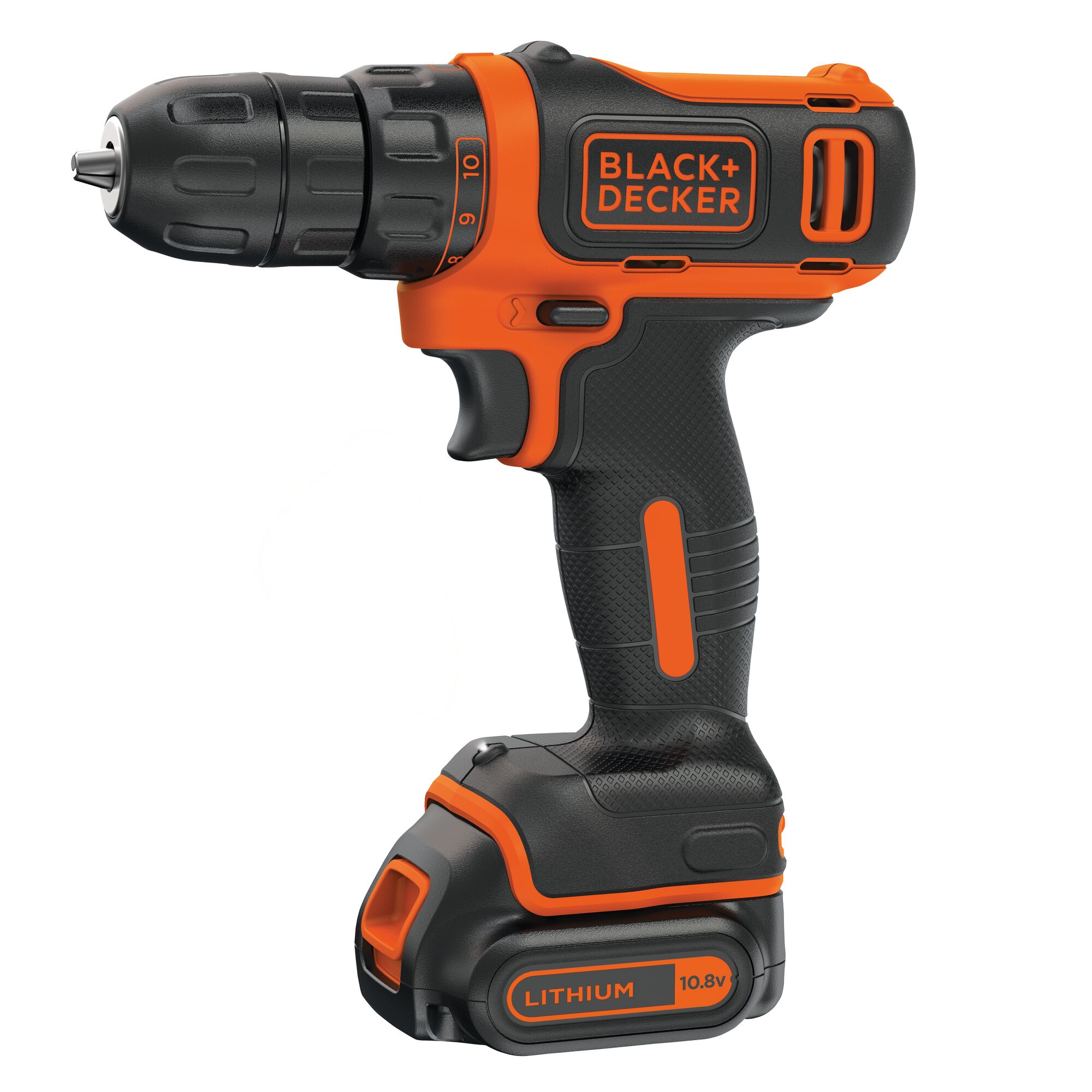 BLACK+DECKER BDCDD12K cordless drill, black and orange, side angle, with 10.8V lithium battery.
