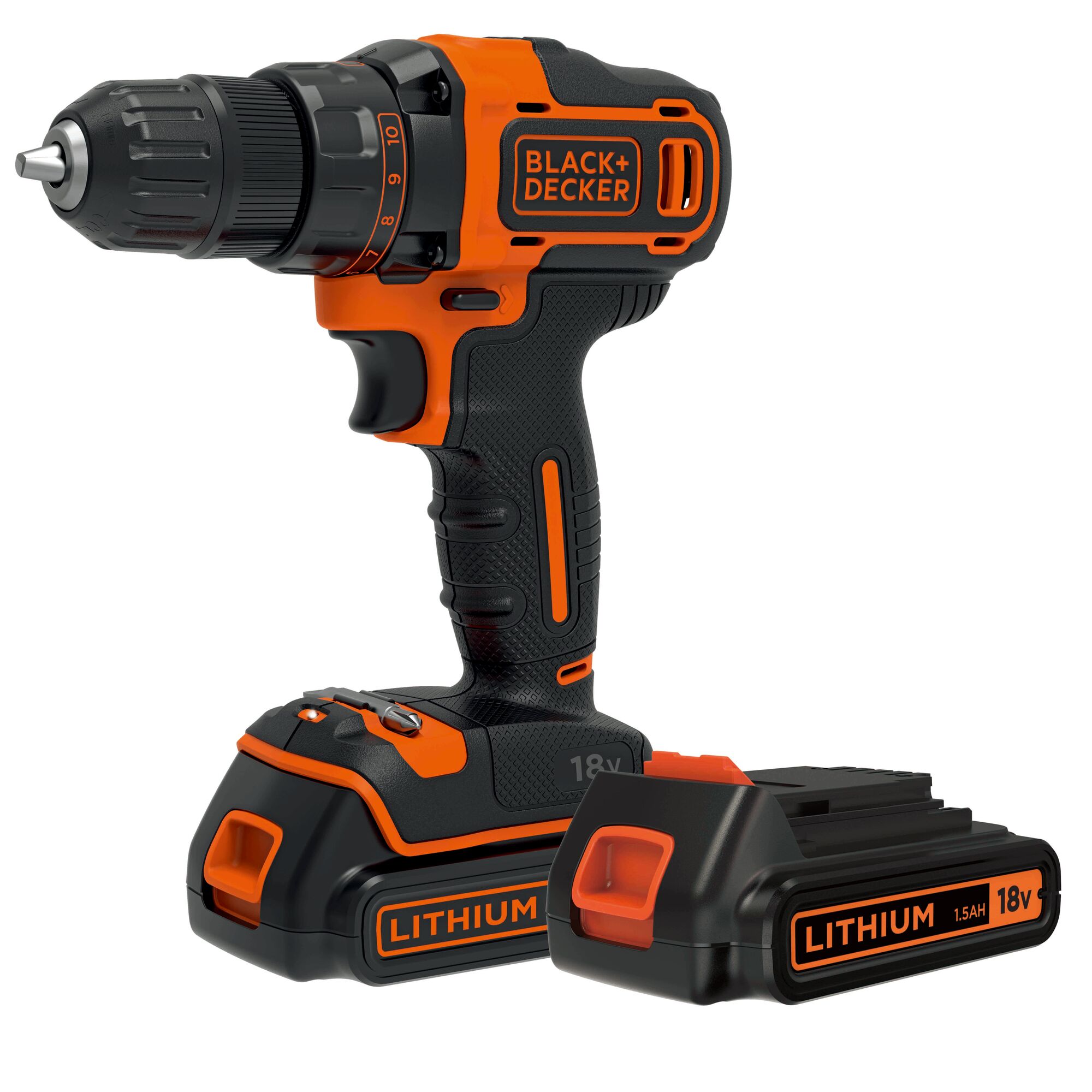 BLACK+DECKER BDCDD186K2 cordless drill with 18V lithium battery and spare battery, front angle on white background.