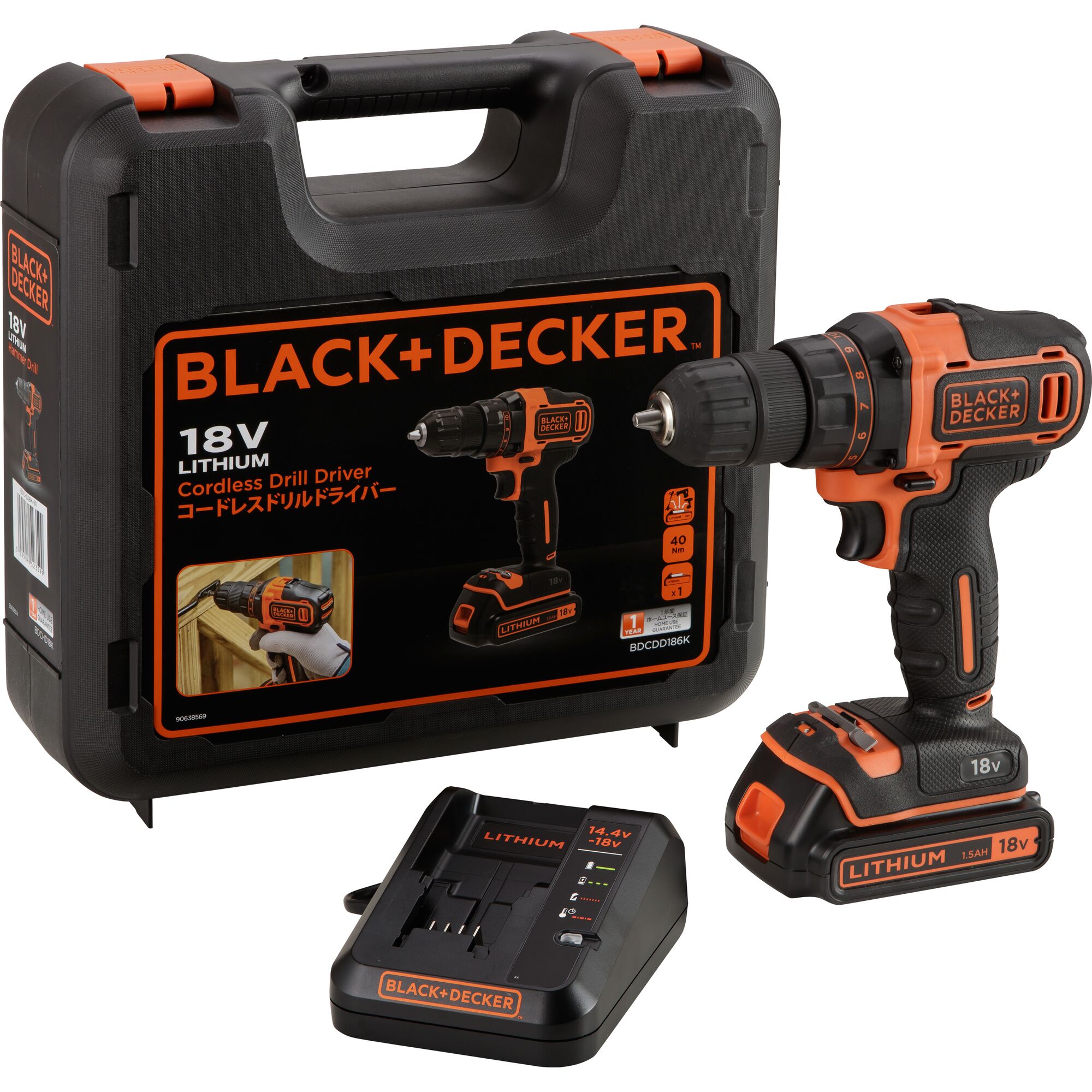 BLACK+DECKER BDCDD186K cordless drill driver kit with 18V lithium battery, charger, and carrying case, front angle.