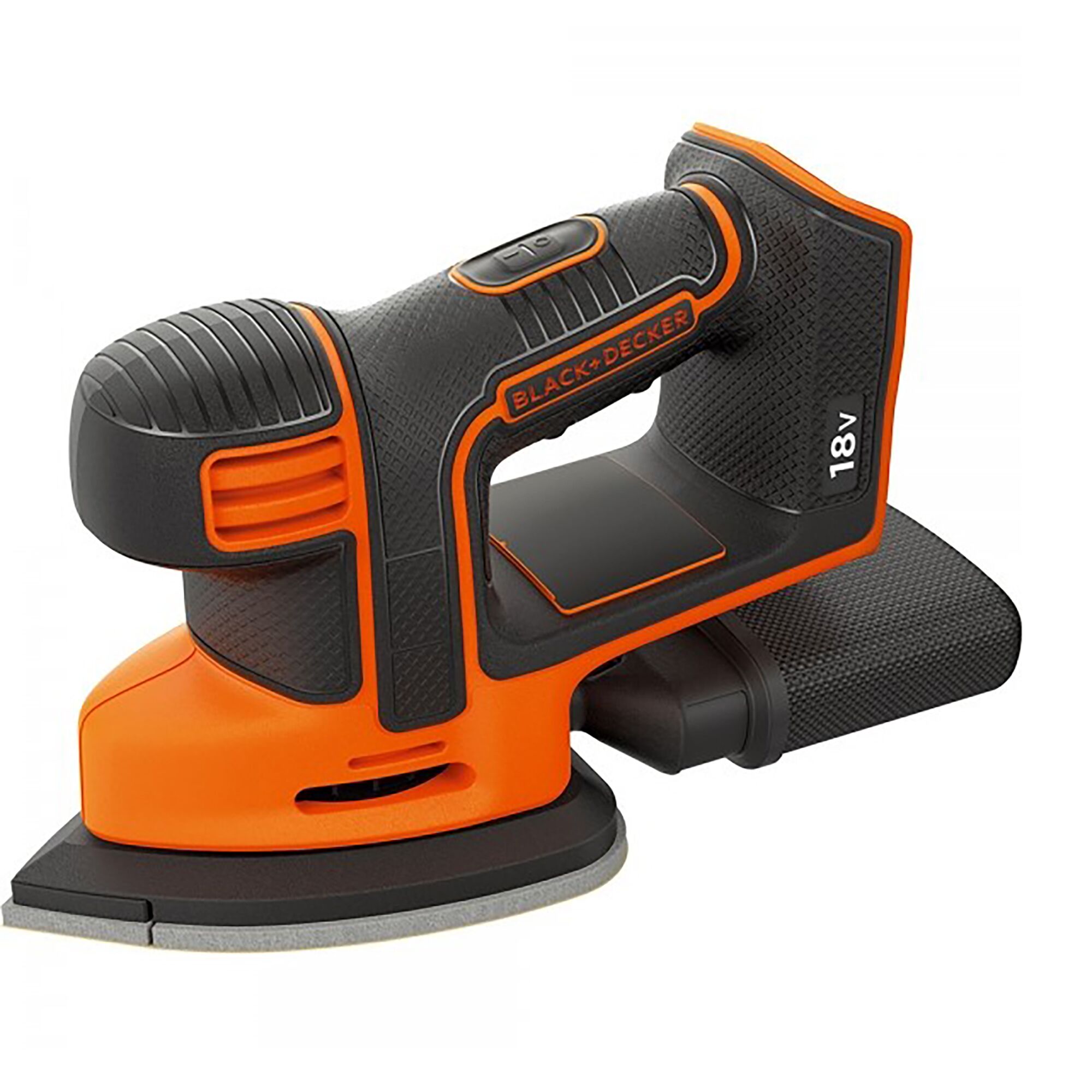 BLACKDECKER BDCDS18B cordless detail sander, orange and black, side angle on white background