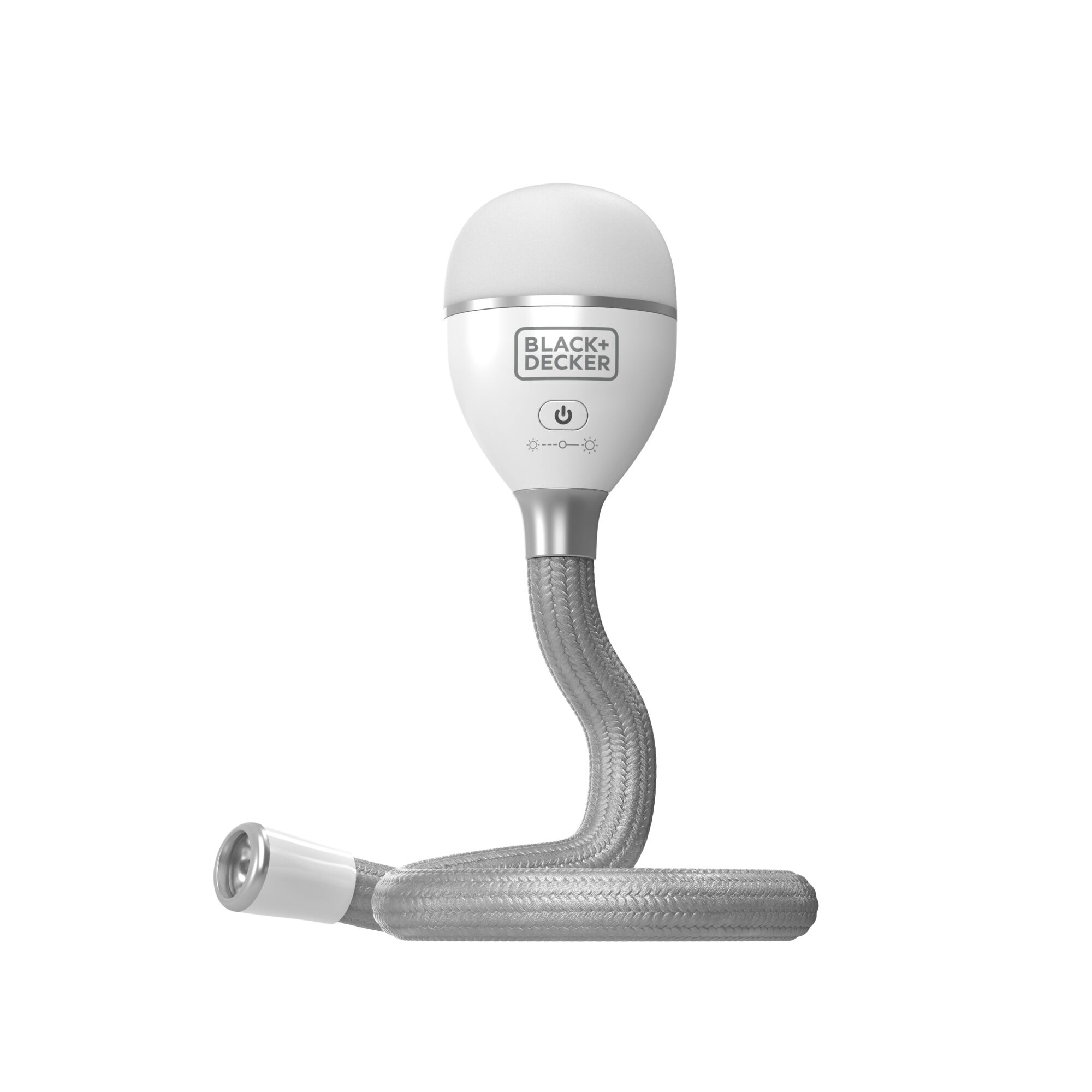 BLACKDECKER BDCFSL01 flexible LED work light, silver braided cable, front angle photo.