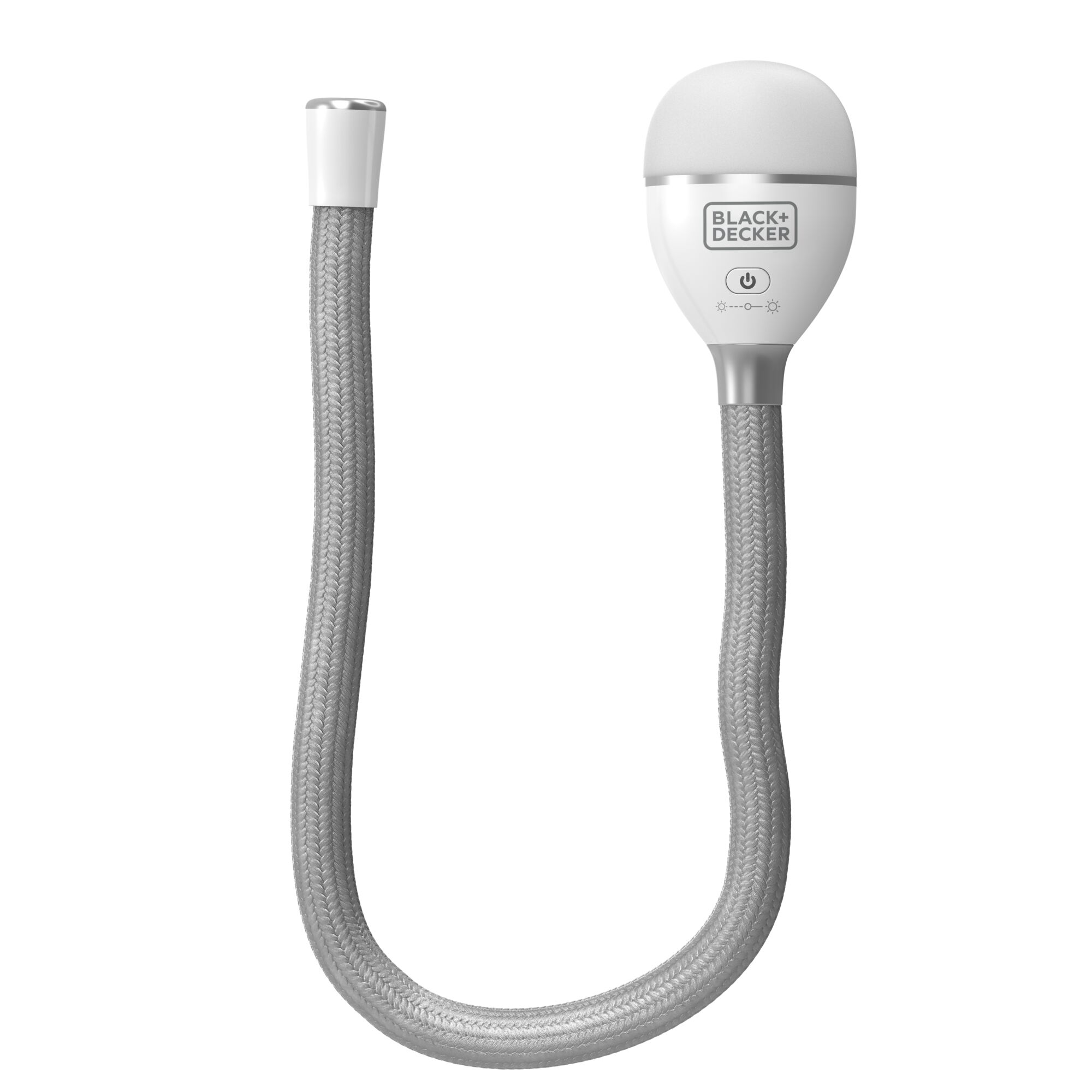 BLACKDECKER BDCFSL01 flexible braided hose, grey with white connectors, front angle, product photography