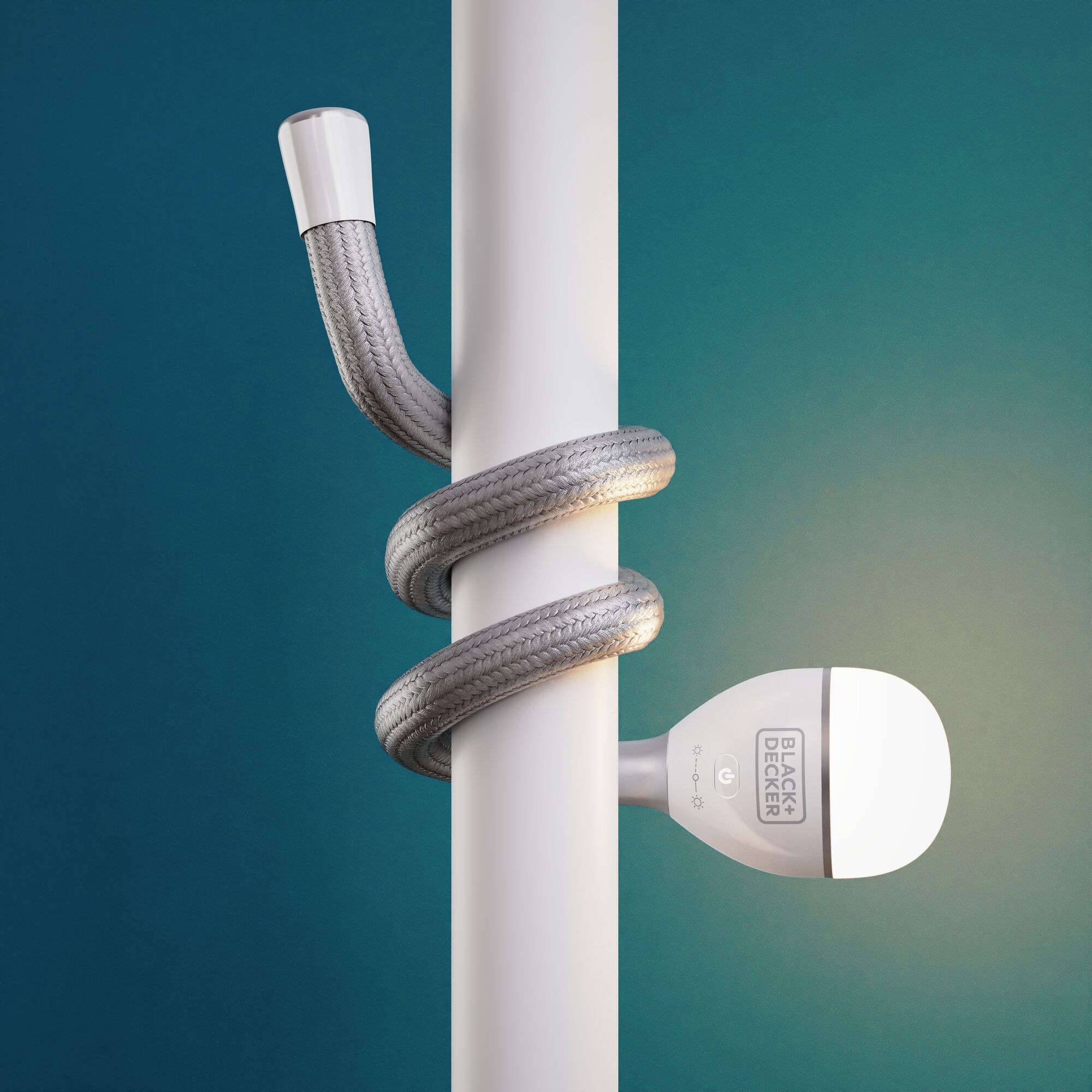 BLACK+DECKER BDCFSL01 flexible LED lamp with silver braided arm wrapped around a white pole, side view.