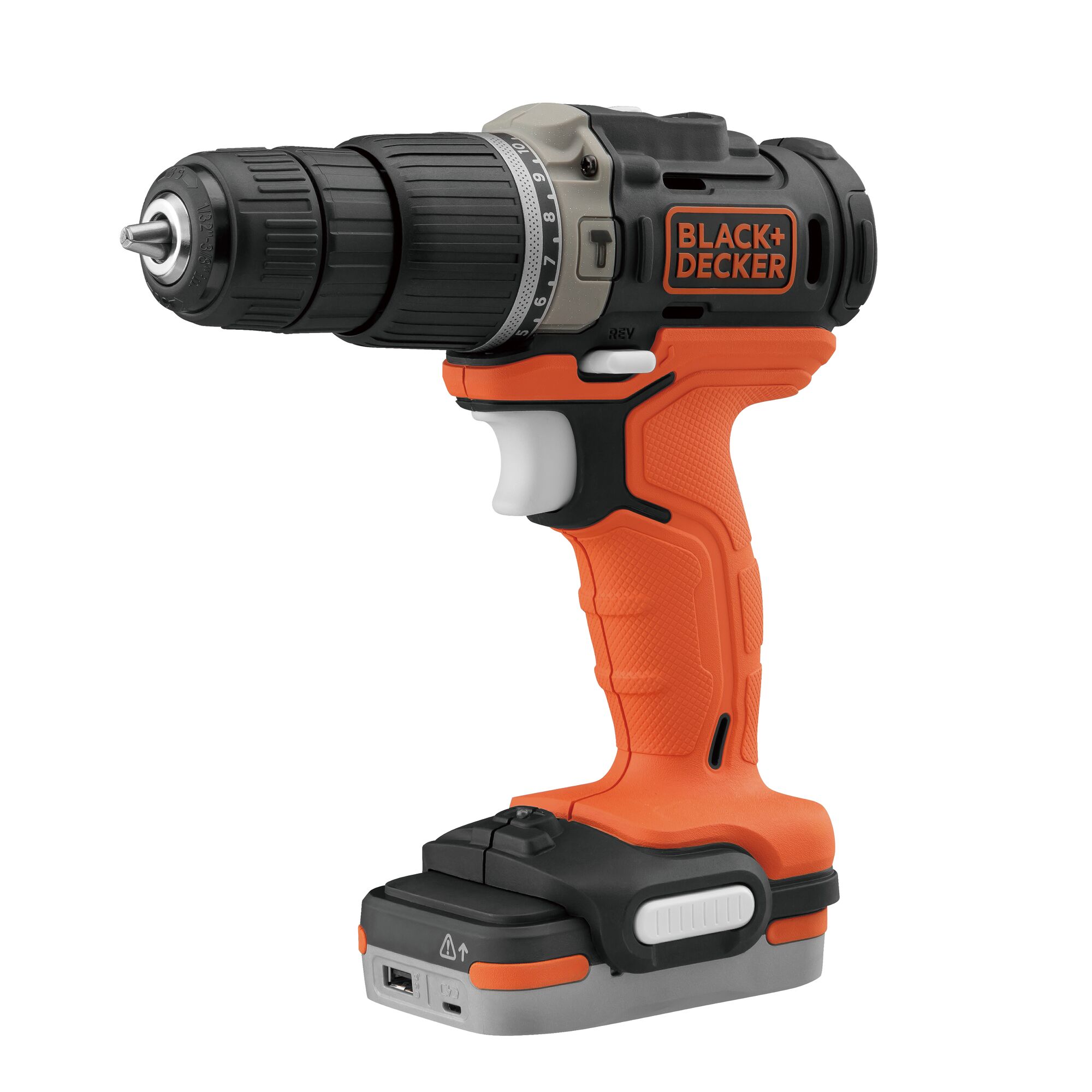 BLACK+DECKER BDCHD12US1 cordless orange and black drill driver, side angle on white background.