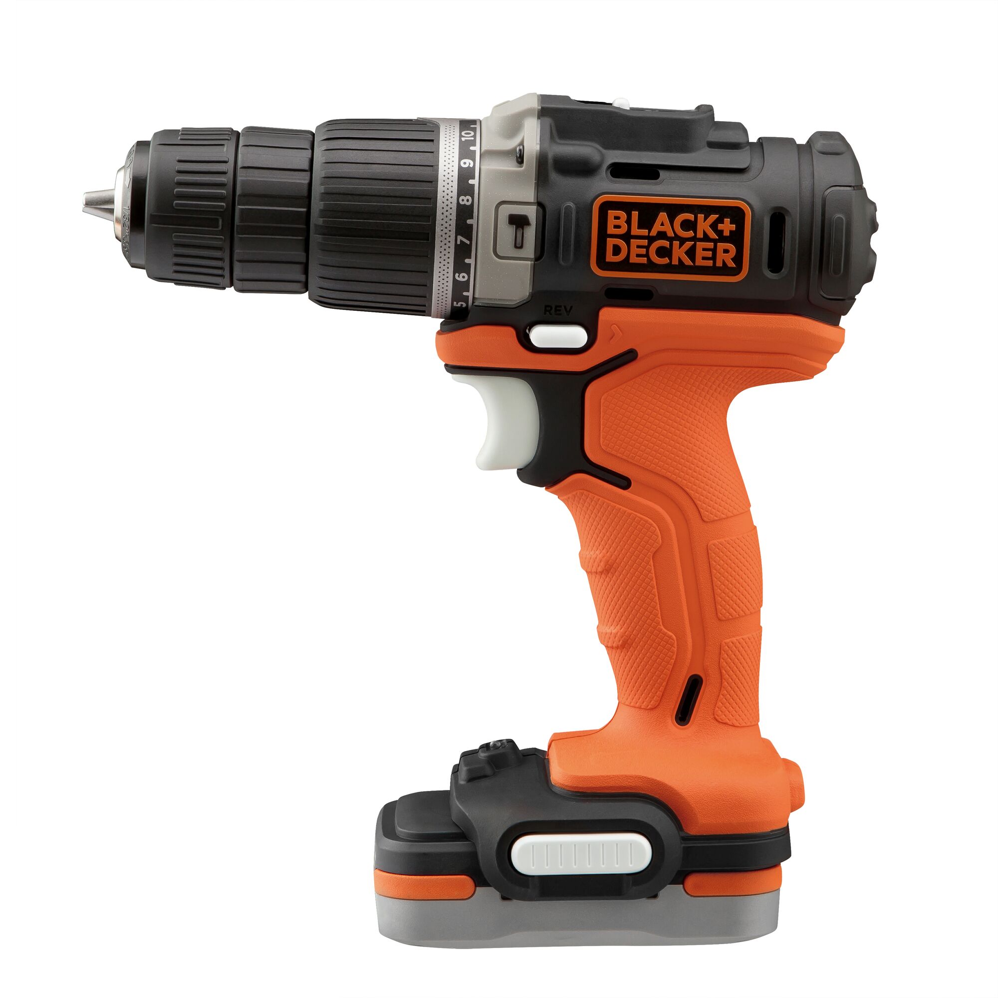BLACK+DECKER cordless drill BDCHD12US1 side view, orange and black handle, white background.