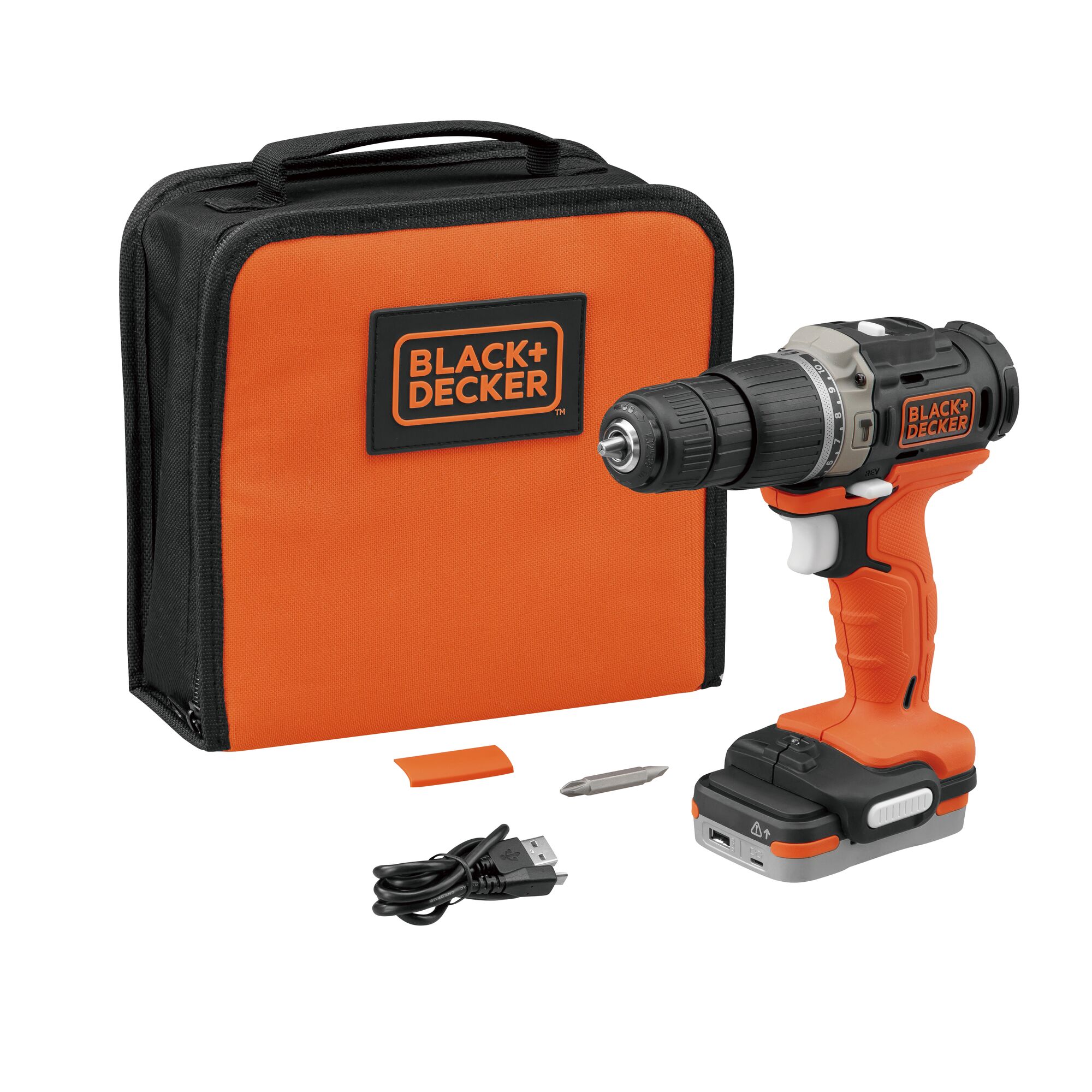 BLACKDECKER BDCHD12US1 cordless drill with orange case, USB cable, bit, and accessory, front angle.
