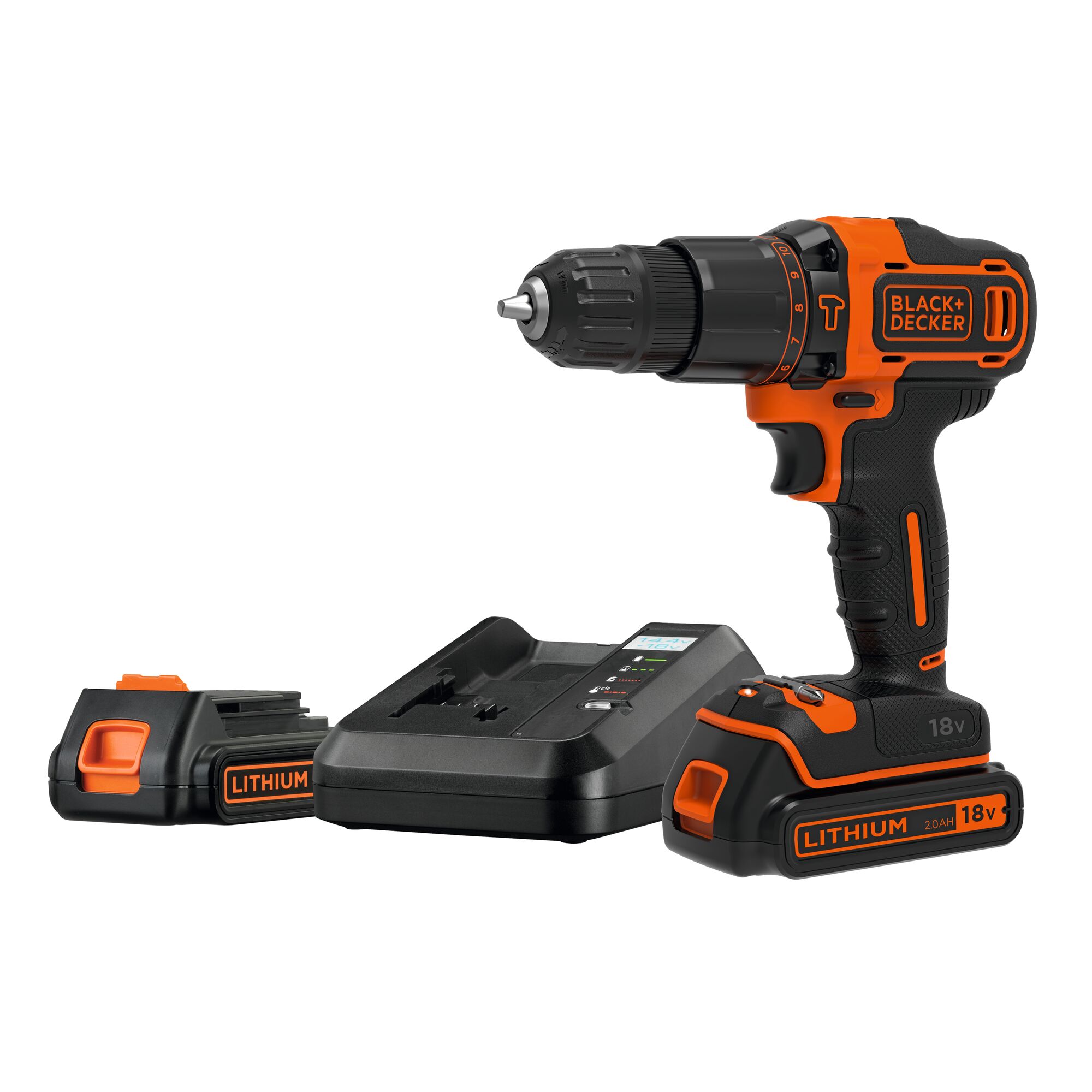 BLACK+DECKER BDCHD18K1B cordless drill with black and orange body, charger and two 18V lithium batteries, front angle.