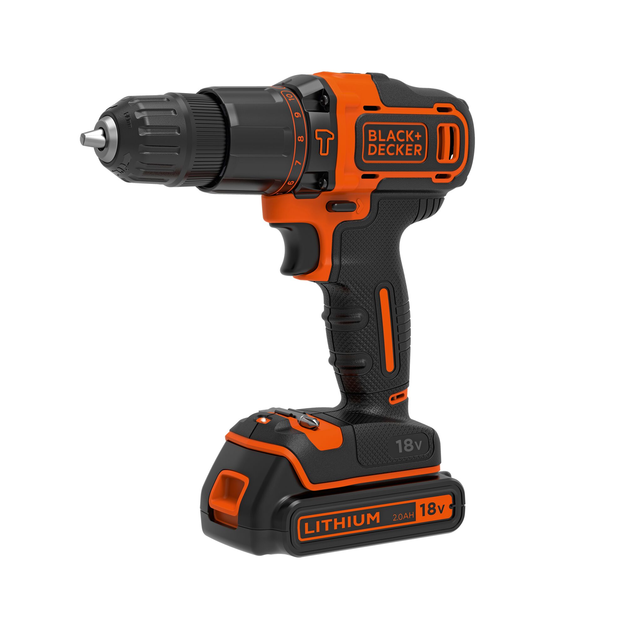 BLACKDECKER BDCHD18K1B cordless drill, black and orange, side angle, 18V lithium-ion battery visible.