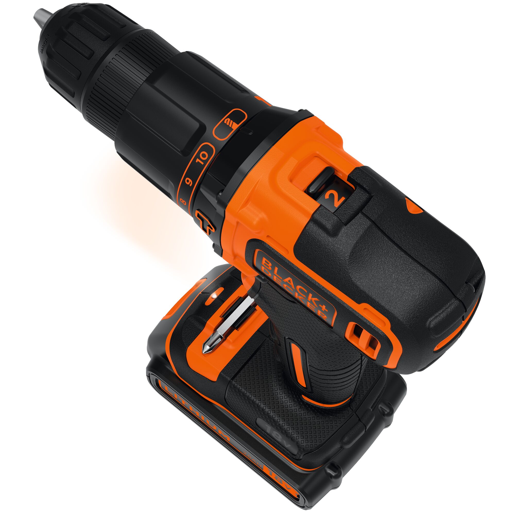 BLACKDECKER BDCHD18K1B cordless drill in black and orange, angled view, showing bit holder and trigger.