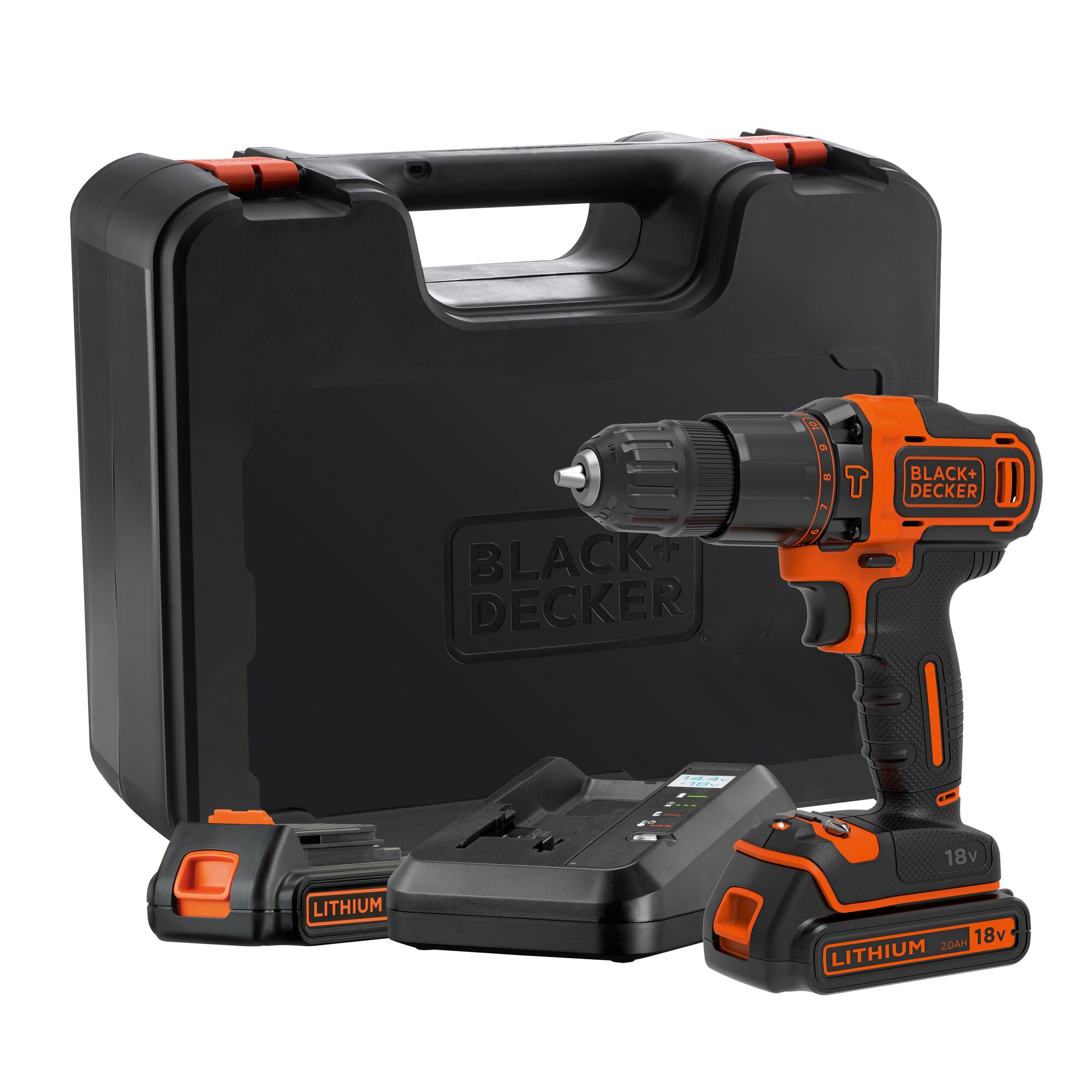 BLACK+DECKER BDCHD18K1B cordless drill kit with black carrying case, charger, and two 18V lithium batteries, front angle.