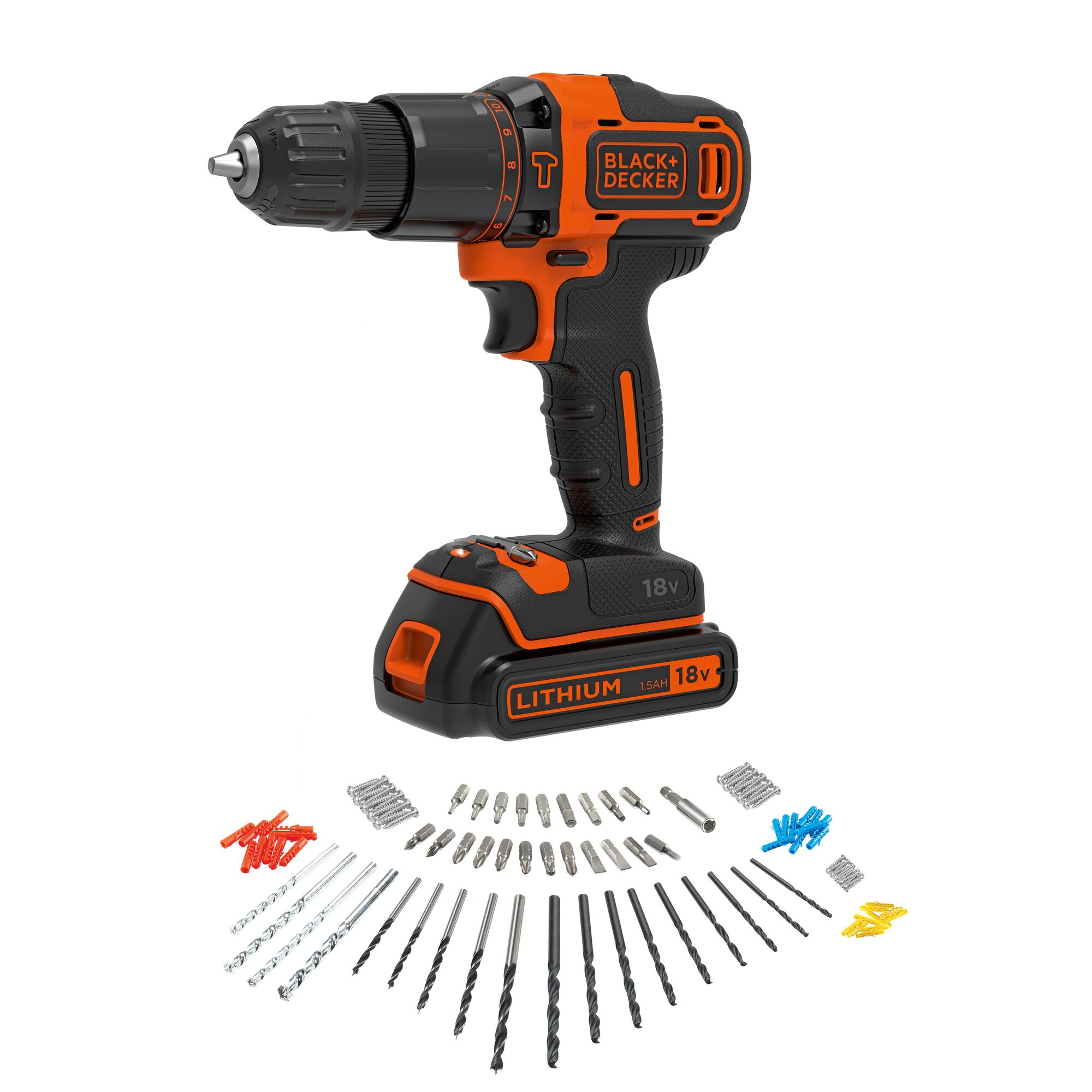 BLACK+DECKER BDCHD18K2AC cordless drill with accessories kit, orange and black, front angle on white.