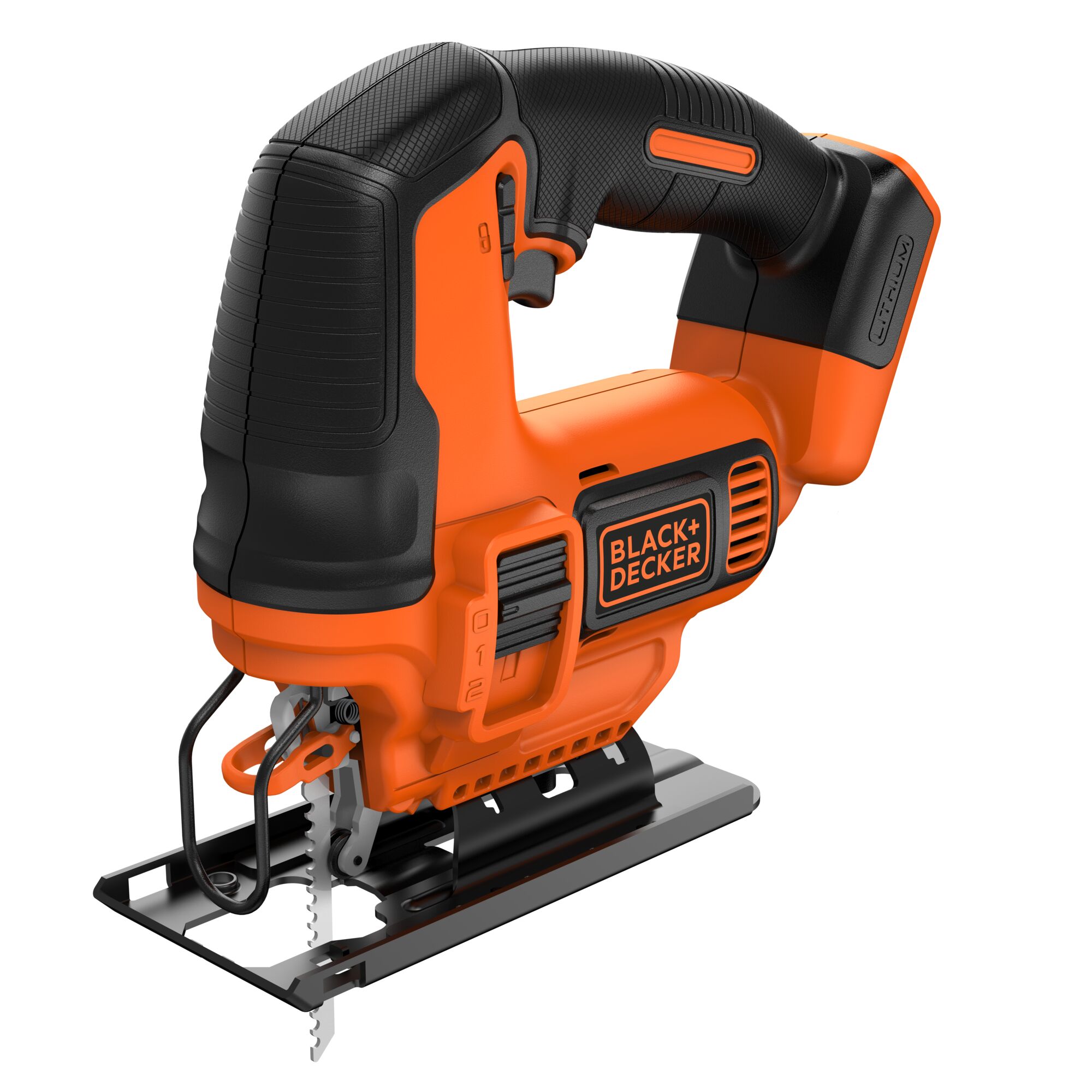 BLACKDECKER BDCJS18B cordless jigsaw, orange and black, product angle on white background.