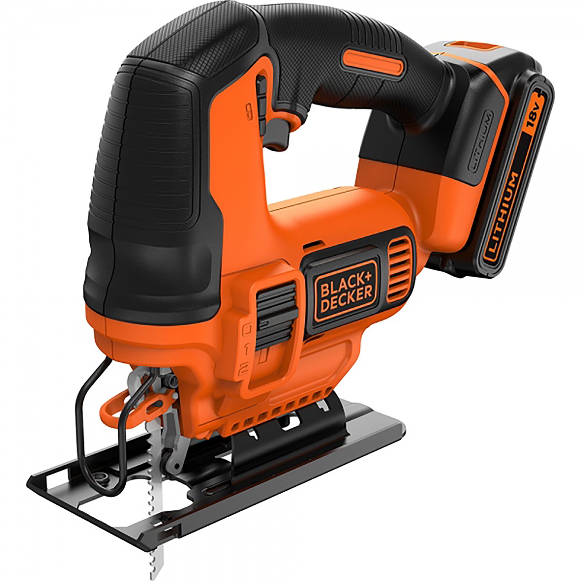 BLACKDECKER BDCJS18 cordless jigsaw side angle, orange and black body with 18V lithium battery.