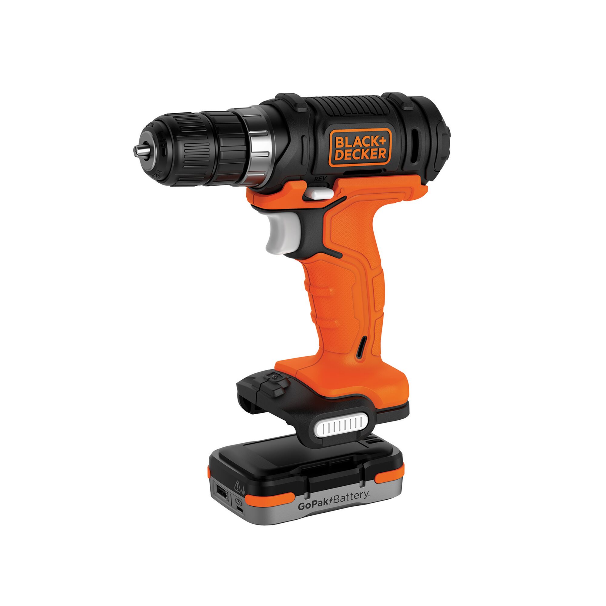 BLACK+DECKER BDCK124S1S cordless drill with orange and black grip, GoPak battery, front angle on white background.