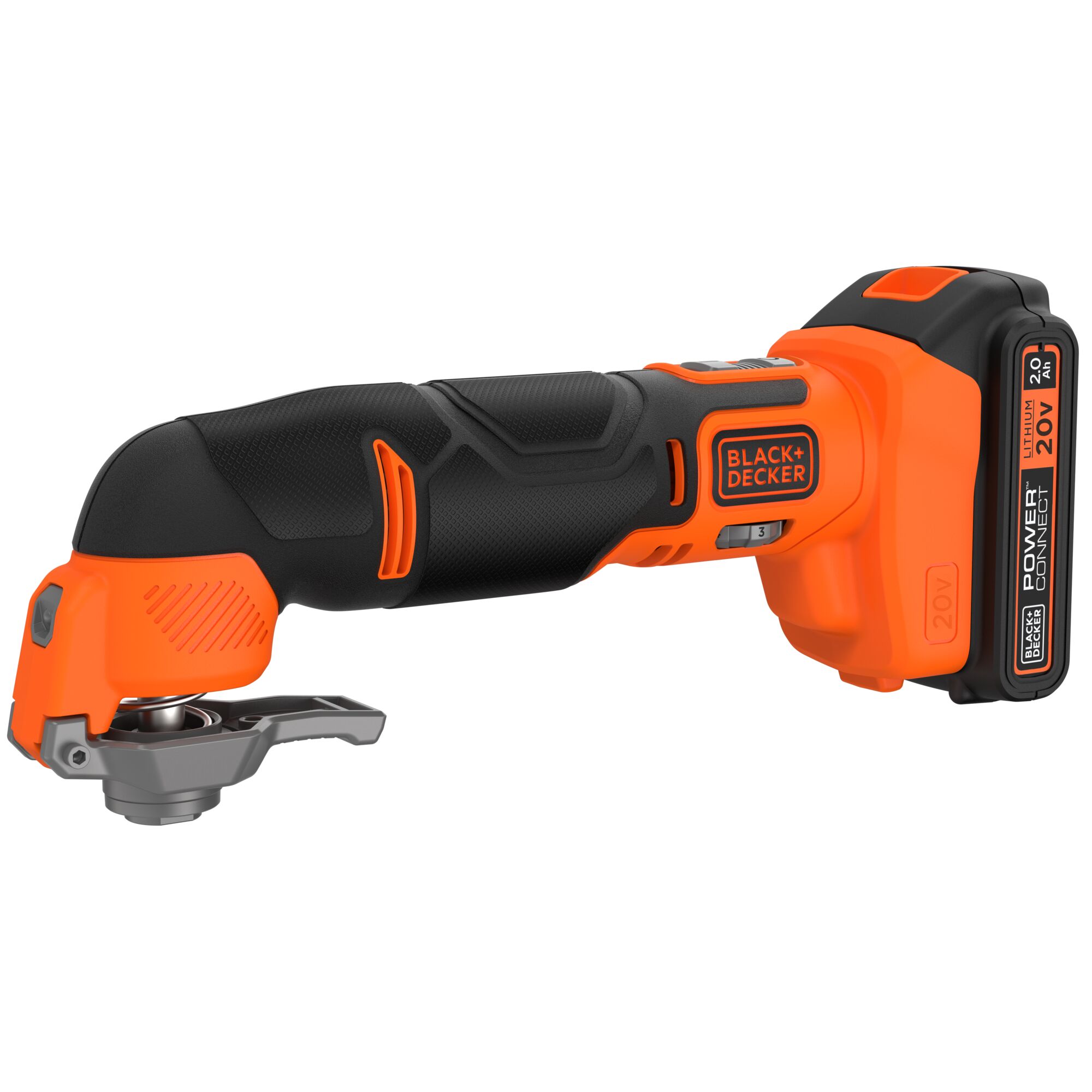 BLACKDECKER BDCOS18D1K cordless oscillating multi-tool, orange and black, side angle, with battery.