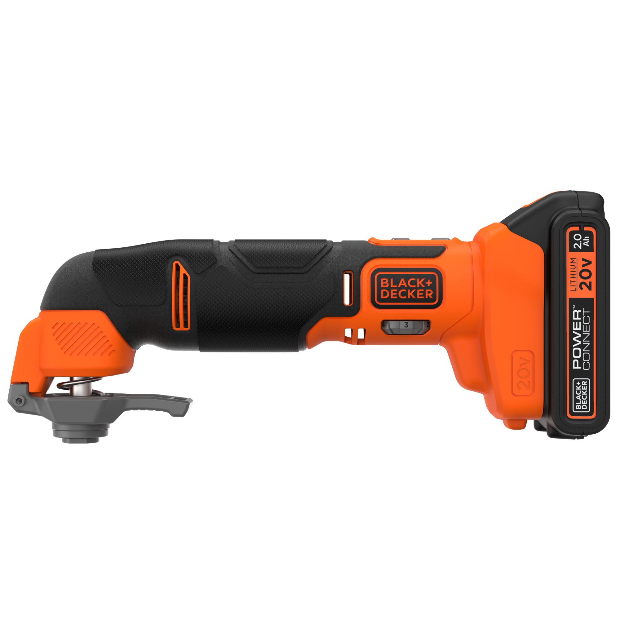 BLACKDECKER BDCOS18D1K cordless oscillating multi-tool side view, orange and black casing, 20V battery.