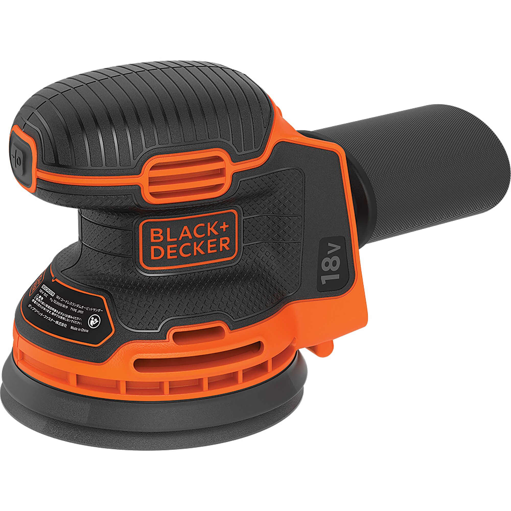 BLACK+DECKER BDCROS18B cordless random orbital sander, orange and black, side angle, 18V power tool.