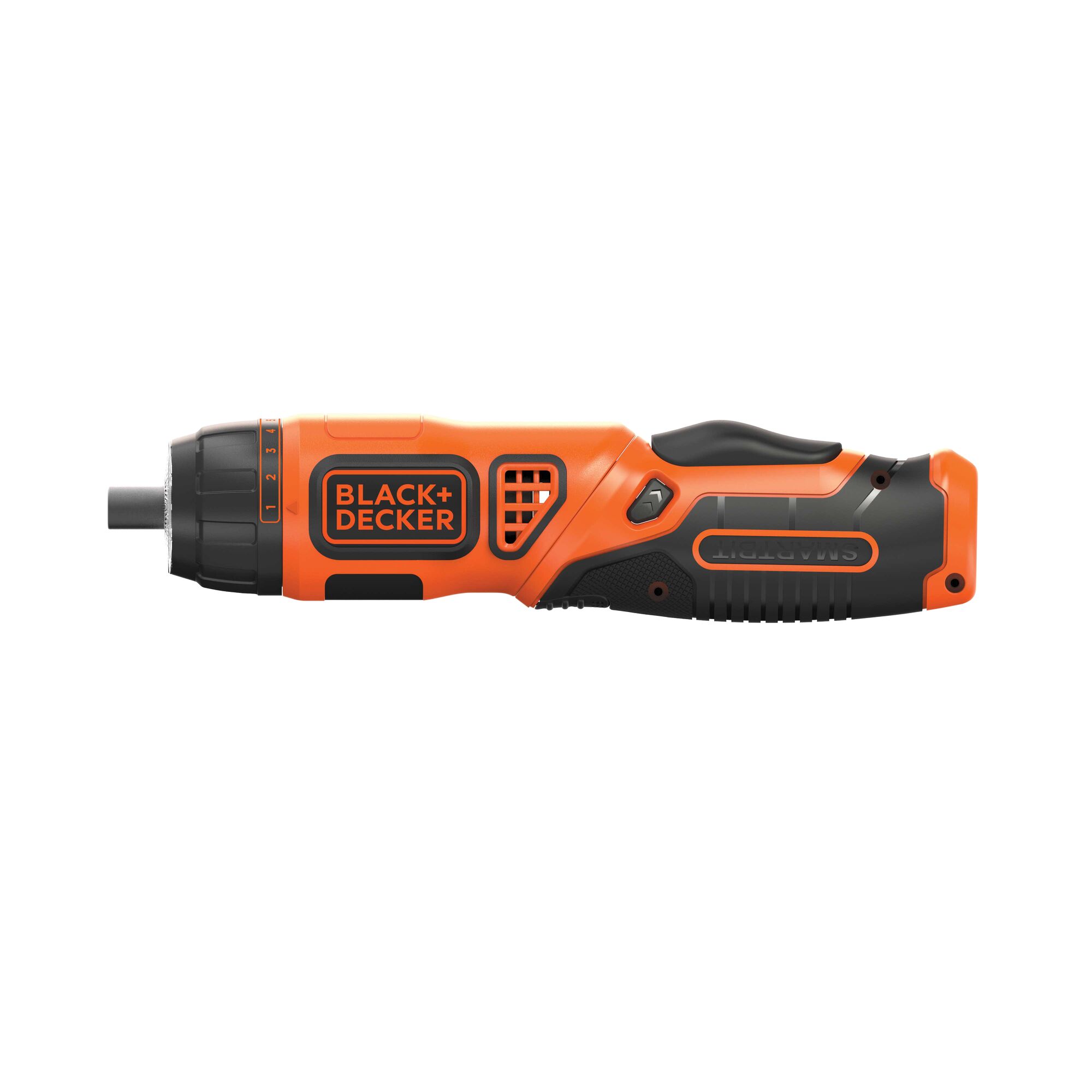BLACK+DECKER BDCS36F orange cordless screwdriver, side angle, black accents, white background.