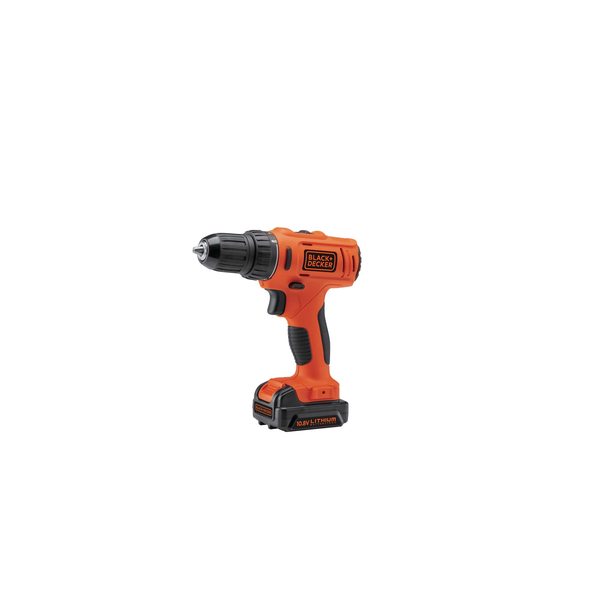 BLACKDECKER BDD12 cordless orange and black drill, side view on white background.