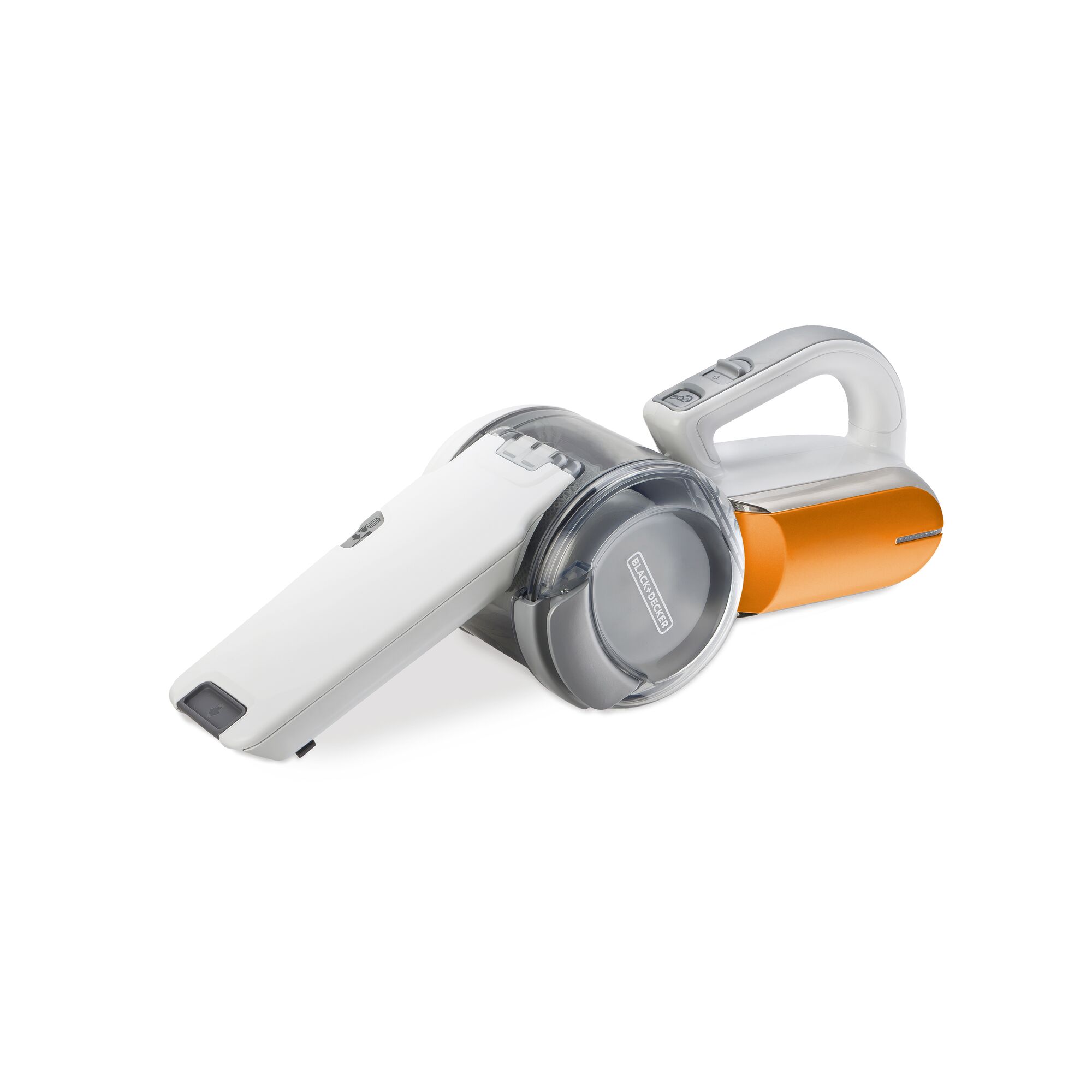 BLACK+DECKER BDH1020OAC handheld vacuum cleaner, white and orange, side angle, on white background.