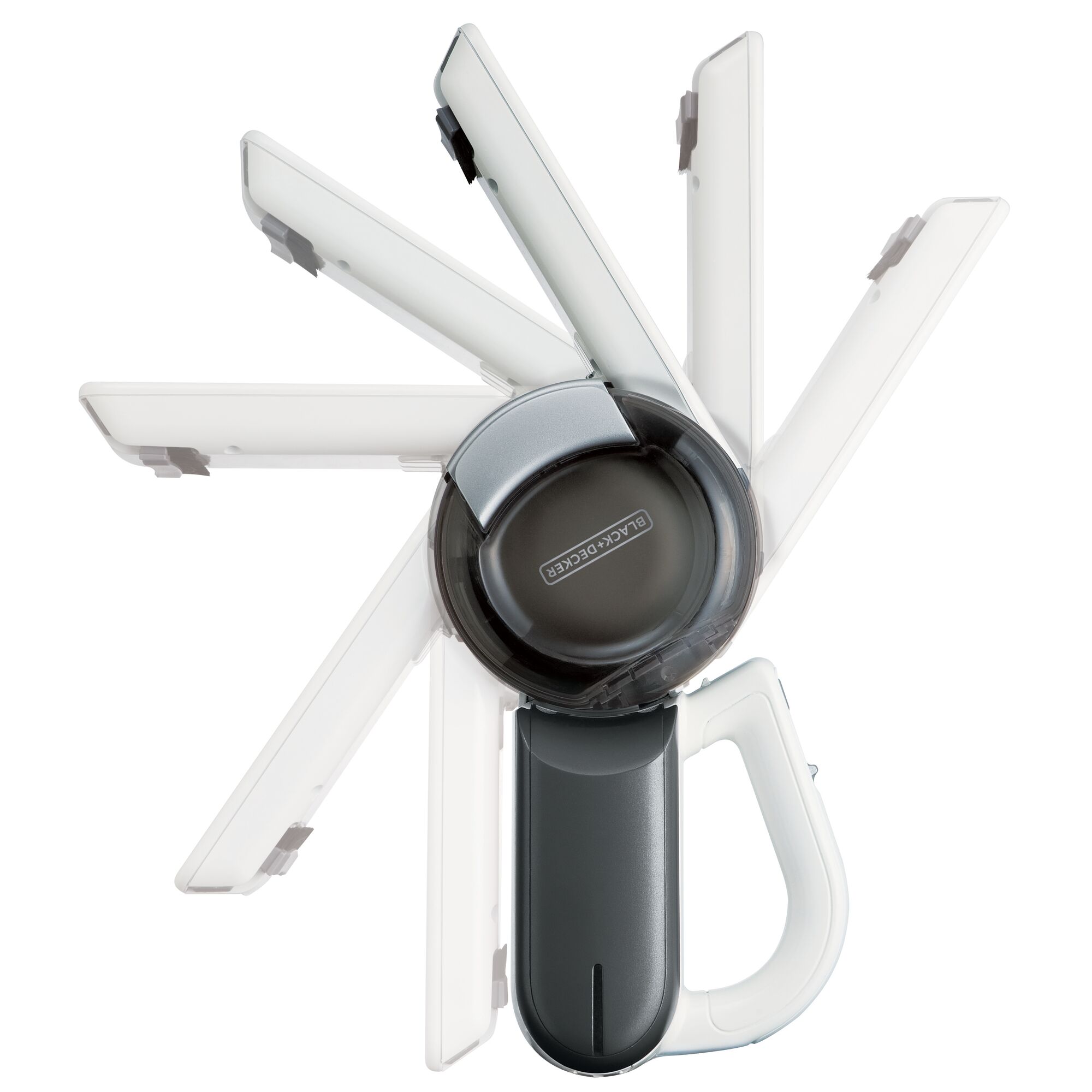 BLACKDECKER BDH1200T handheld vacuum cleaner with rotating nozzle, top view, white background.