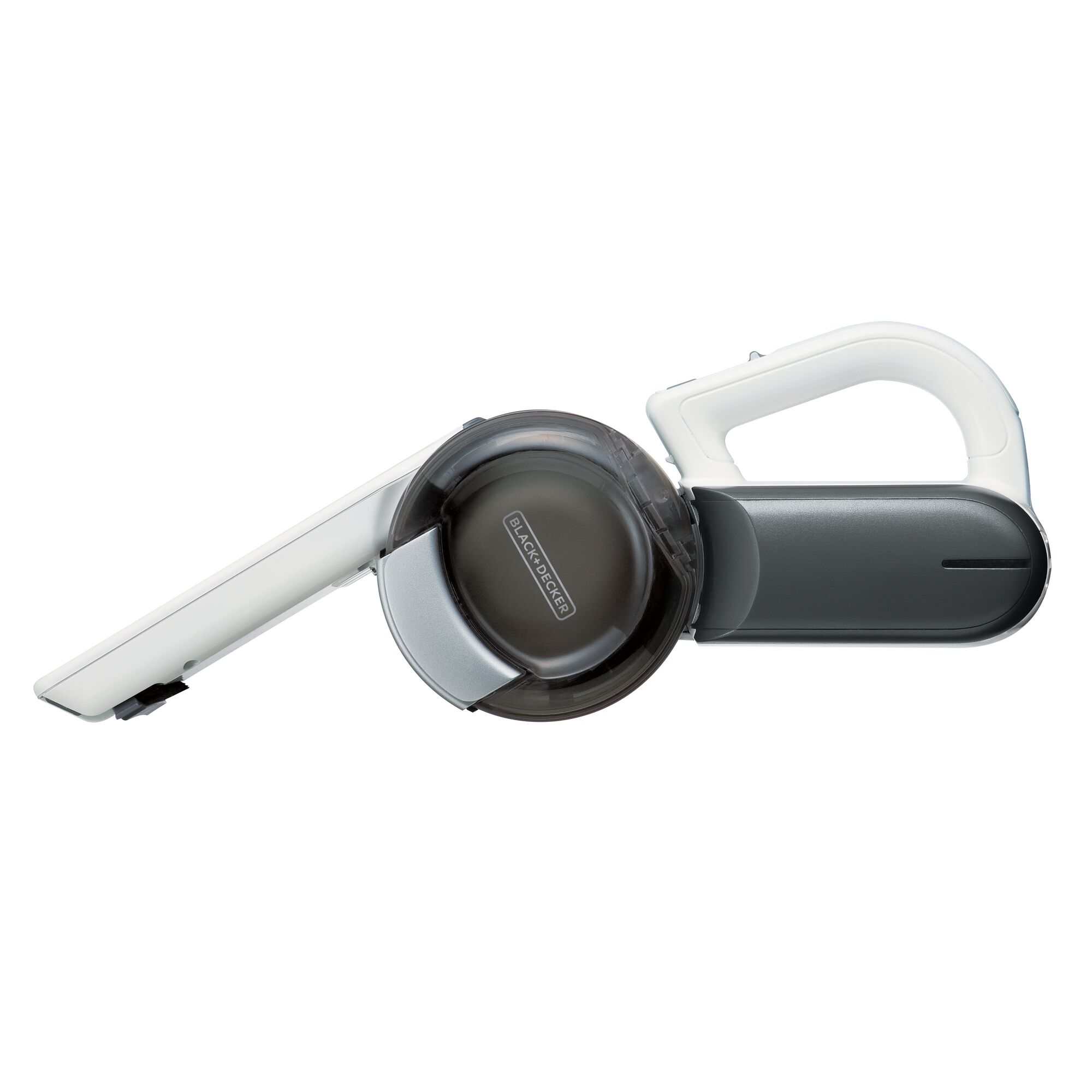 Photo of BLACKDECKER BDH1200T handheld vacuum cleaner, side view, white and gray body, folding nozzle.
