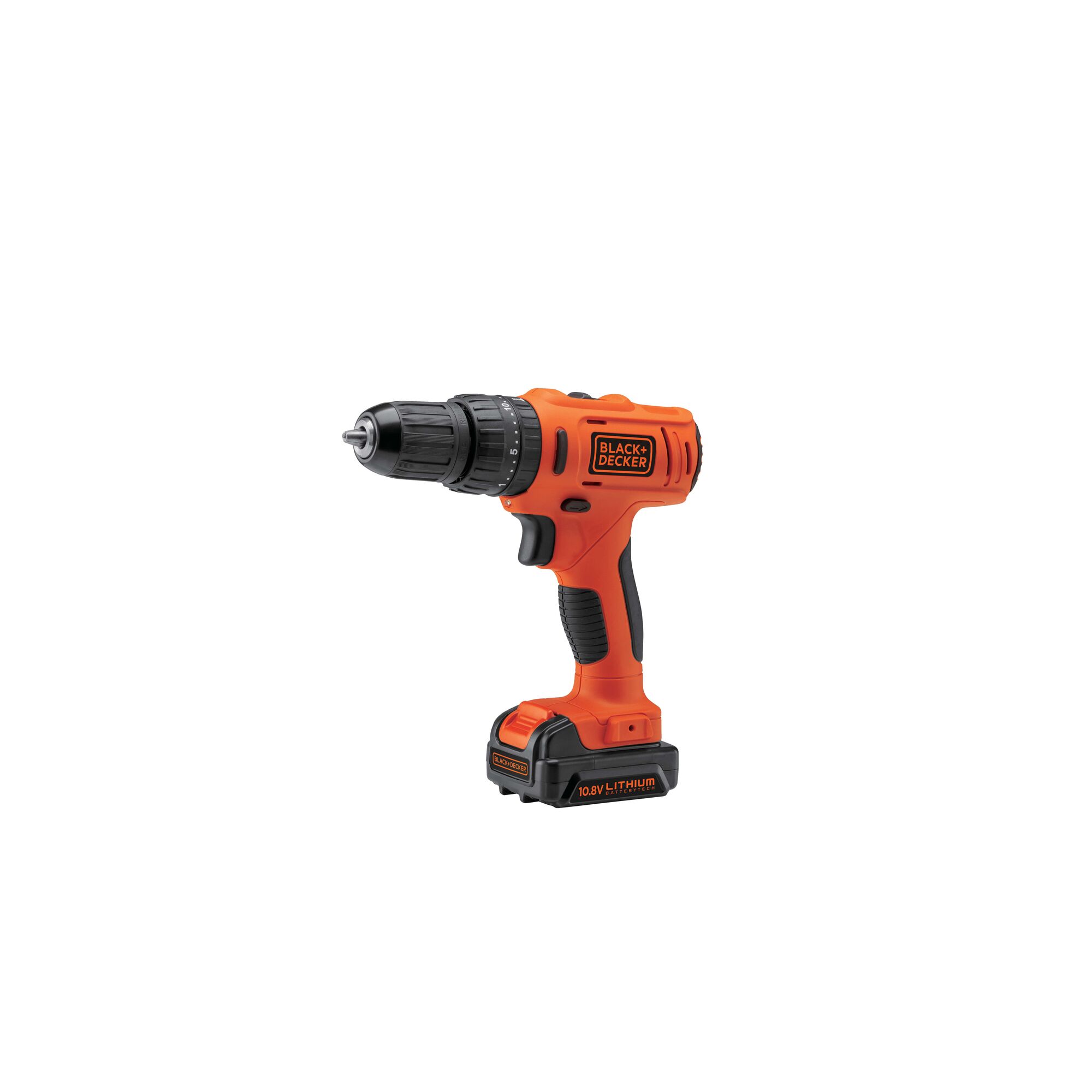 BLACK+DECKER BDH12 cordless orange and black drill front angle on white background.