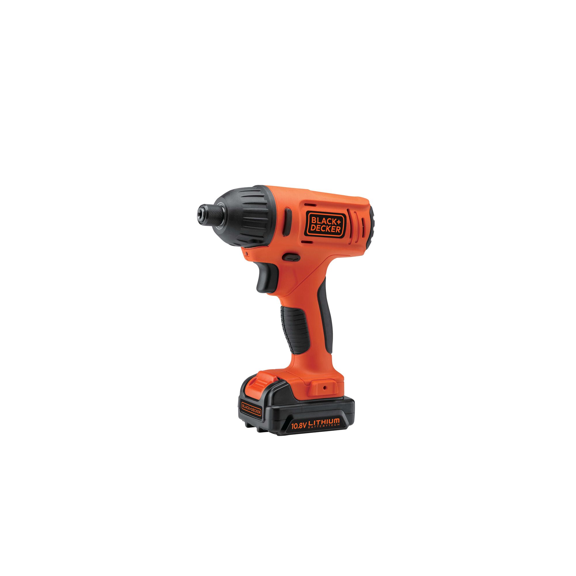 BLACKDECKER BDI12 cordless orange and black drill front angle on white background.